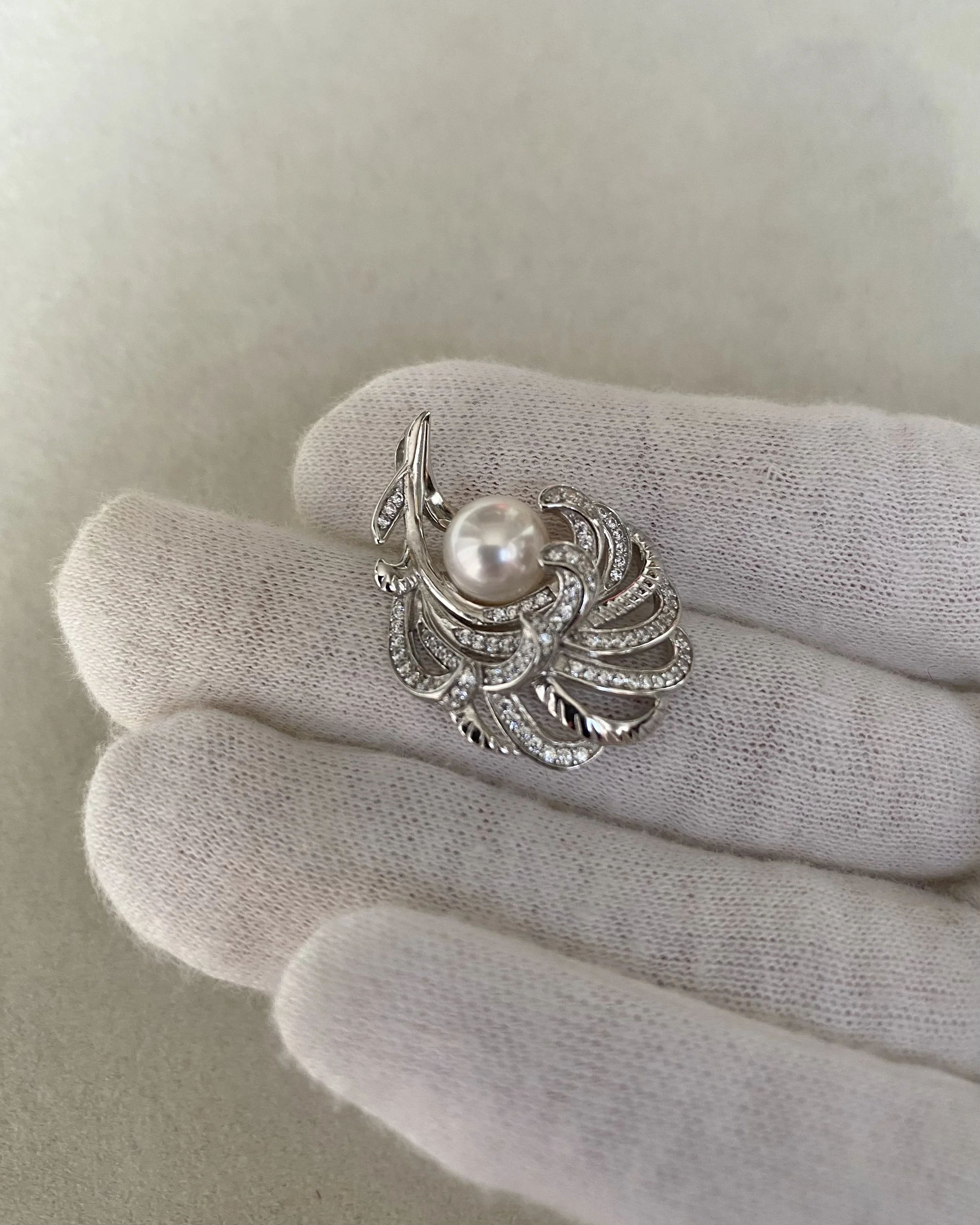 Top Quality Crystal White Japanese Akoya Pearl Pendant 8mm, Sculptural Layered Feather S925 Silver & CZ Design, Exhibition Piece Starlit Pearls