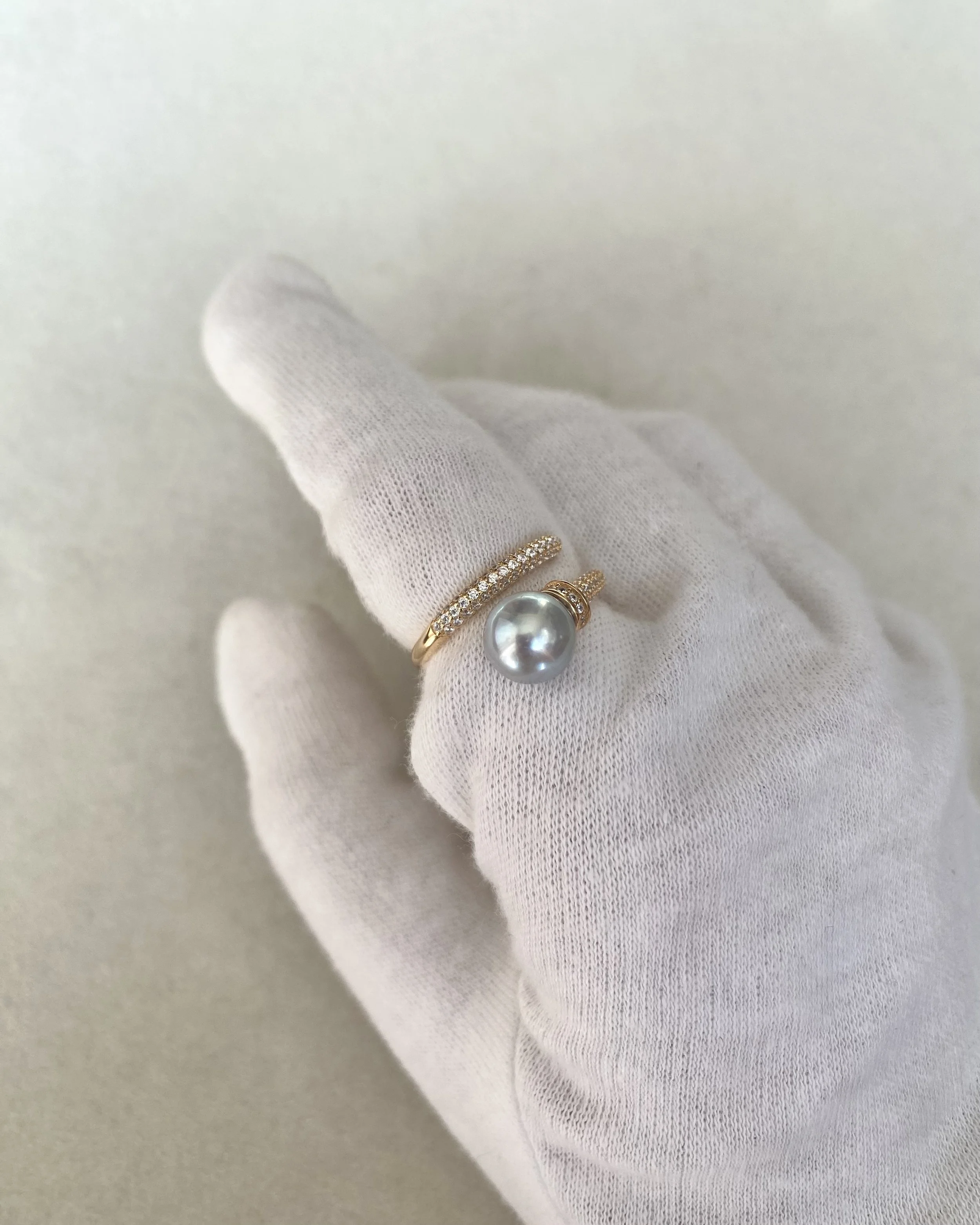 Premium 8.3mm Natural Silver-Grey Blue Japanese Madama Akoya Pearl Nail Ring, Mirror Lustre, S925 & Pavé CZ, Adjustable, Show Piece Starlit Pearls