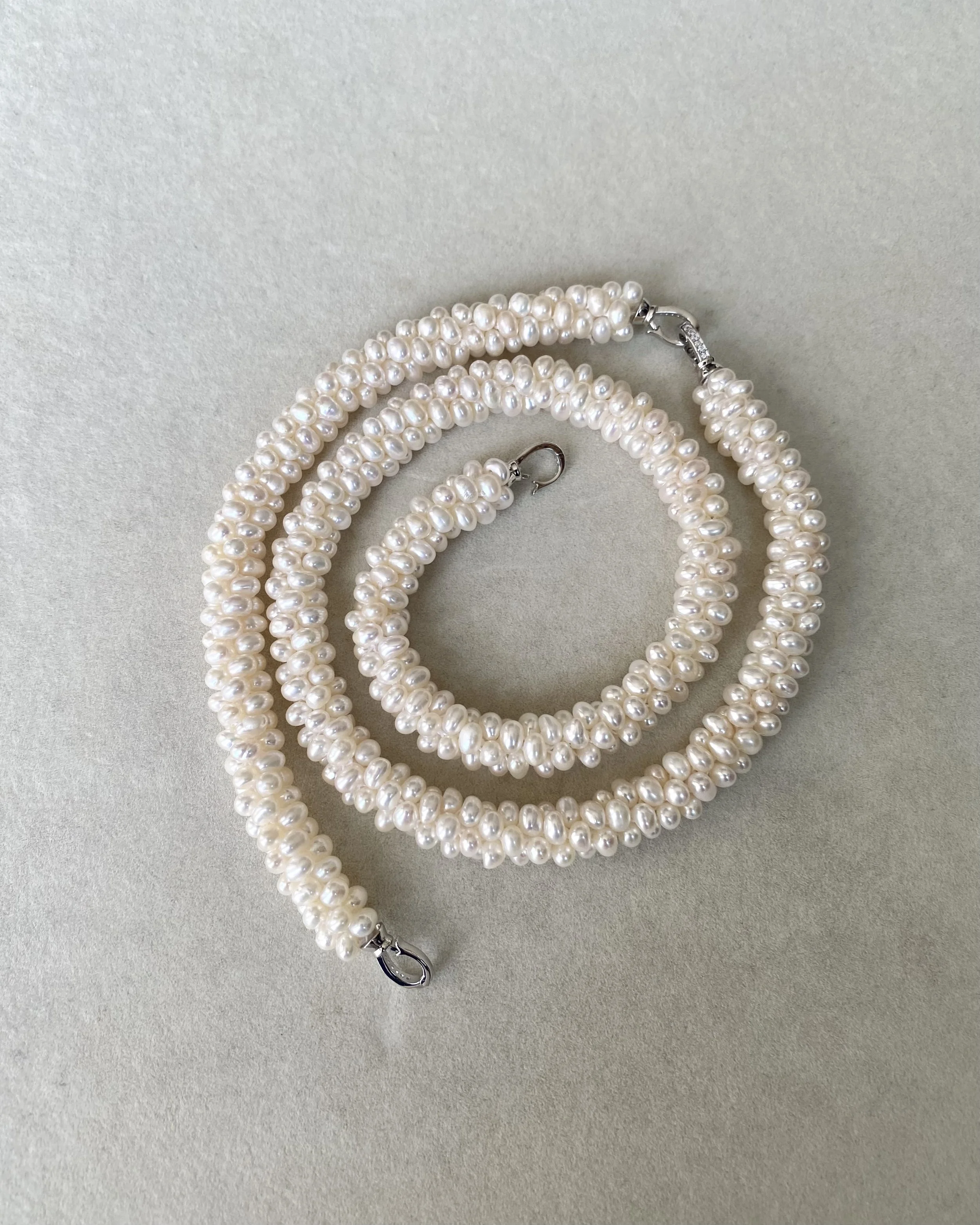 Handwoven Freshwater Keshi Pearl Necklace & Bracelet Set, 3.5mm Nucleus-Free Pearls, Silver Convertible Clip Clasps, Two-Way Wear Starlit Pearls