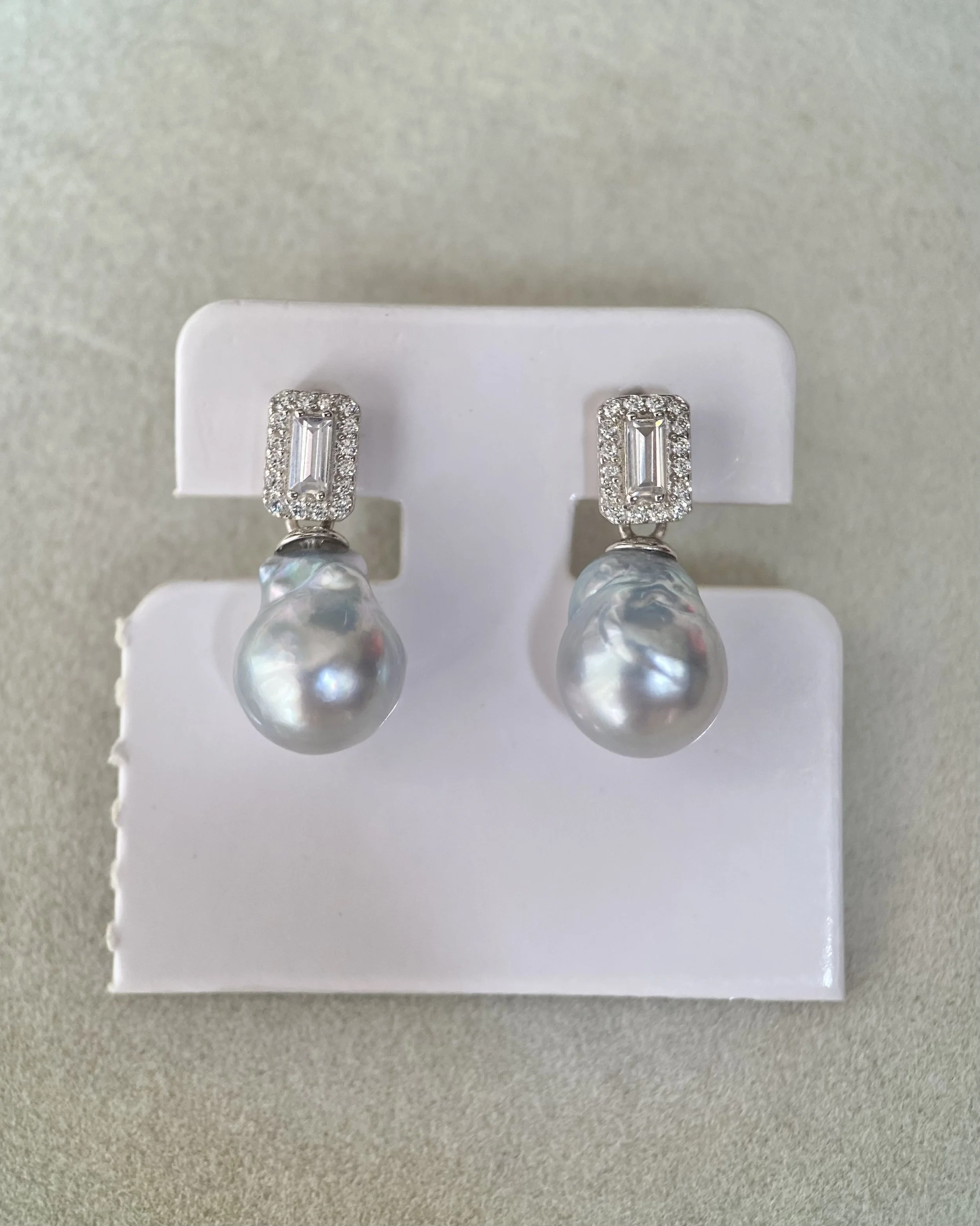 Rare Silver Australian South Sea Baroque Pearl Drop Earrings 11mm, Cool Icy Silver Lustre, S925 Silver Baguette CZ Design, Show Piece Starlit Pearls