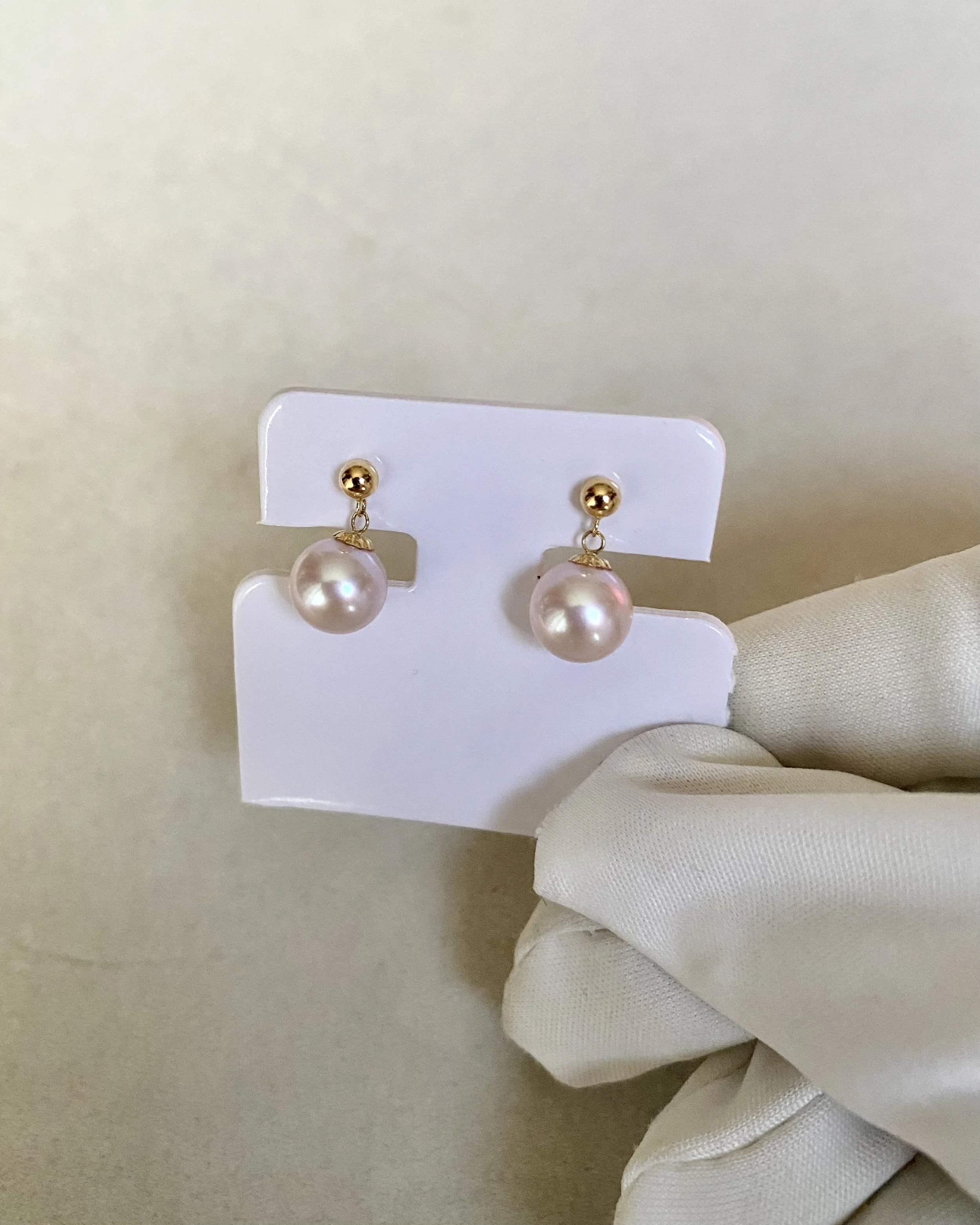 Top Quality Japanese Rose Pink Freshwater Pearl Earrings 7-7.5mm, Mirror-Like Lustre, 18K/AU750 Solid Yellow Gold Dangle Fittings Starlit Pearls