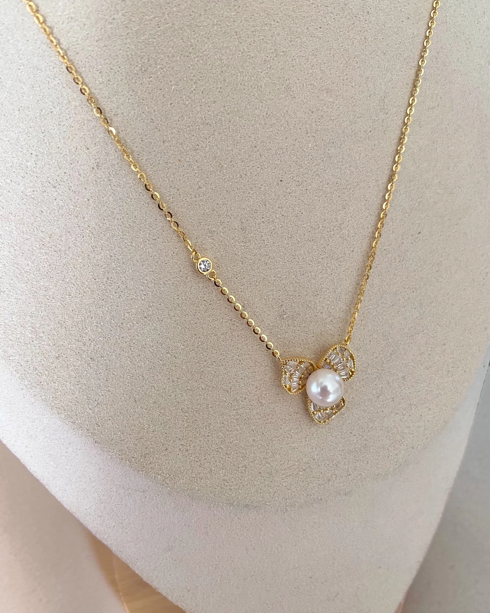 Japanese White Akoya Pearl Necklace 7.6mm, Soft Pink Lustre, S925 Silver Three-Petal Baguette CZ Design, Show Piece, Gift for Her Starlit Pearls
