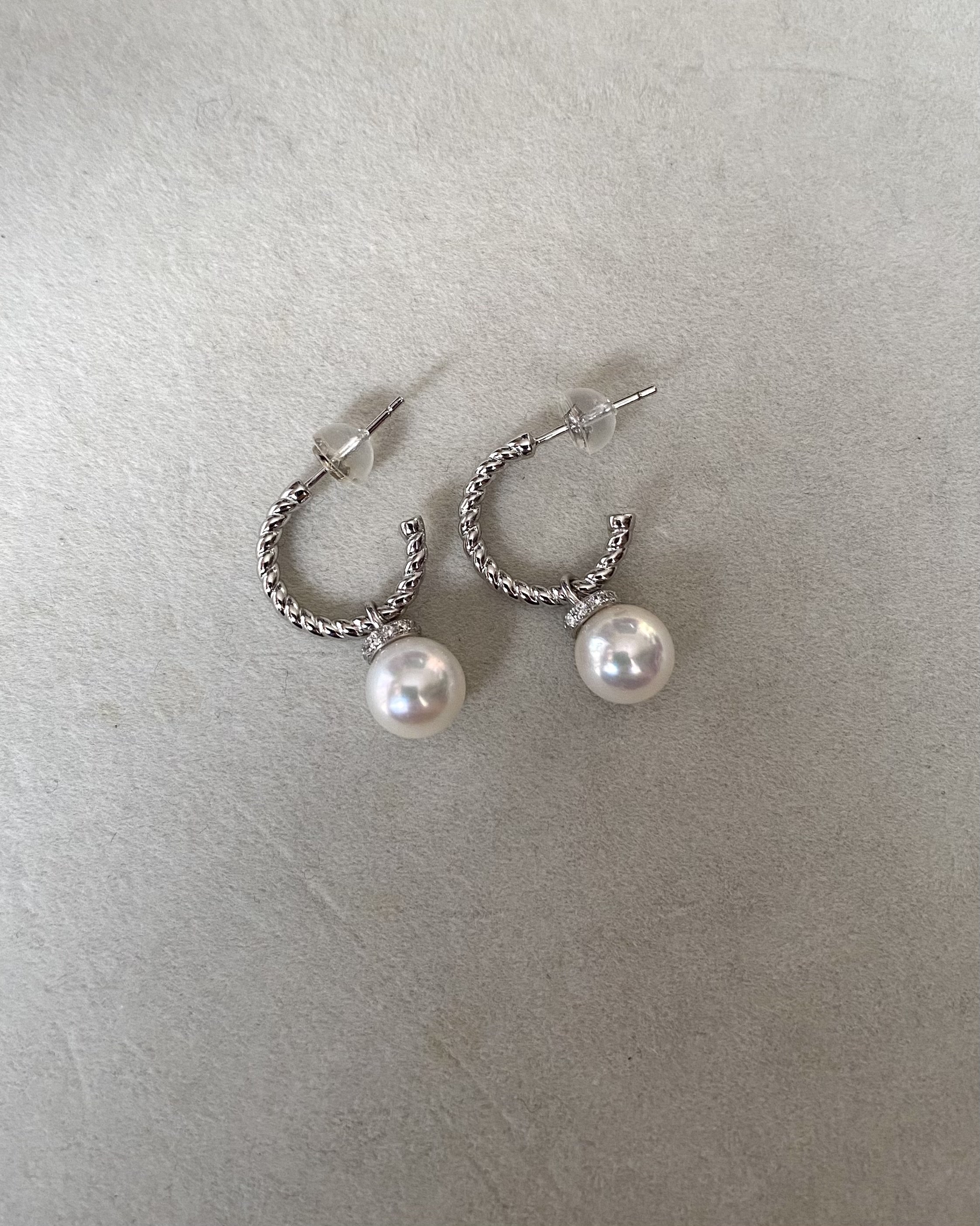 2-in-1 Convertible Top Gr. “Specially Selected” Japanese Crystal White Akoya Pearl Earrings 8mm, S925 Silver Rope-Twist Hoops/Pendant Starlit Pearls