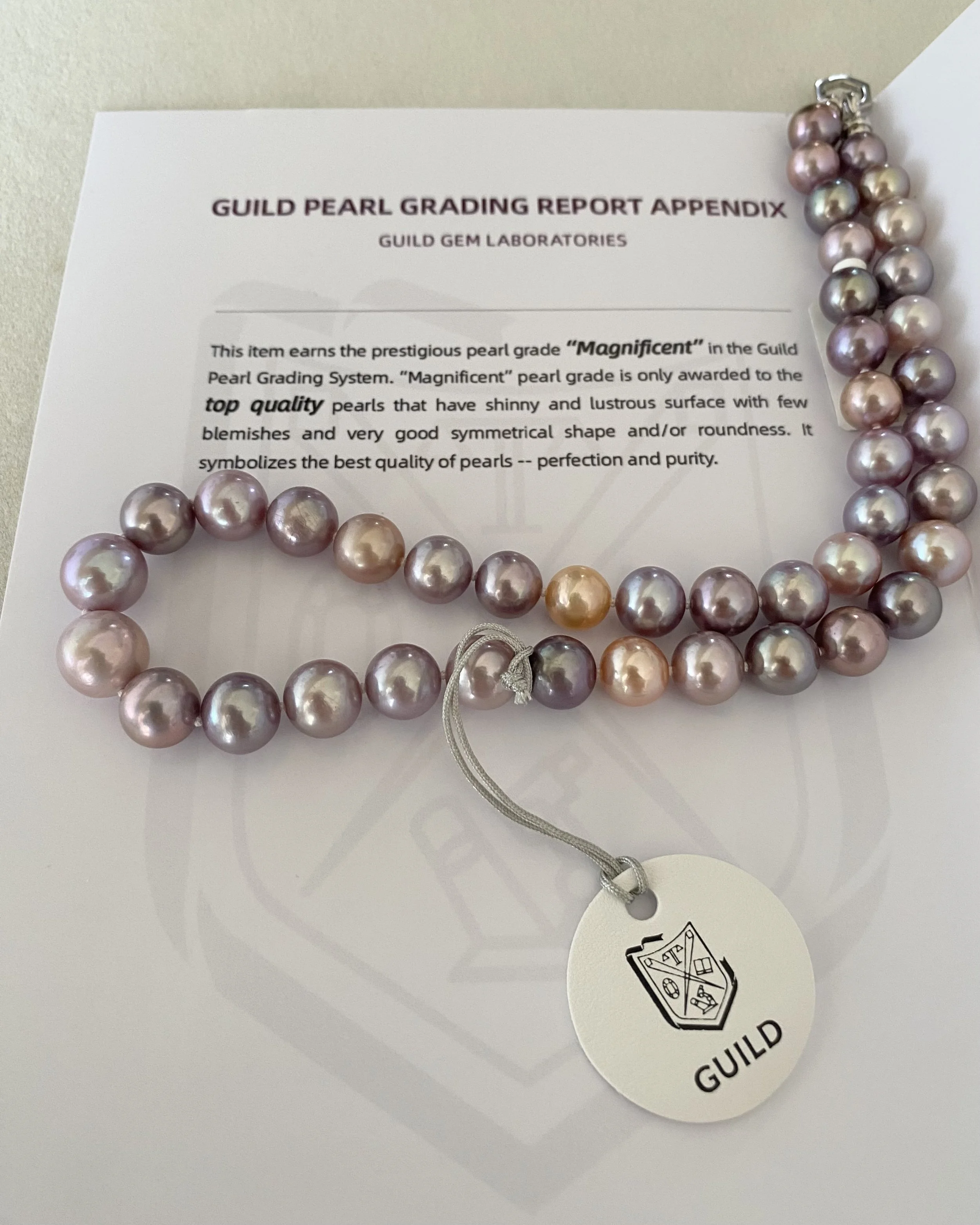GUILD Certified Top “Magnificent” 8-12mm Multi-Coloured Freshwater Pearl Necklace, Rare Metallic Peacock Overtones,S925, Pink Purple Starlit Pearls