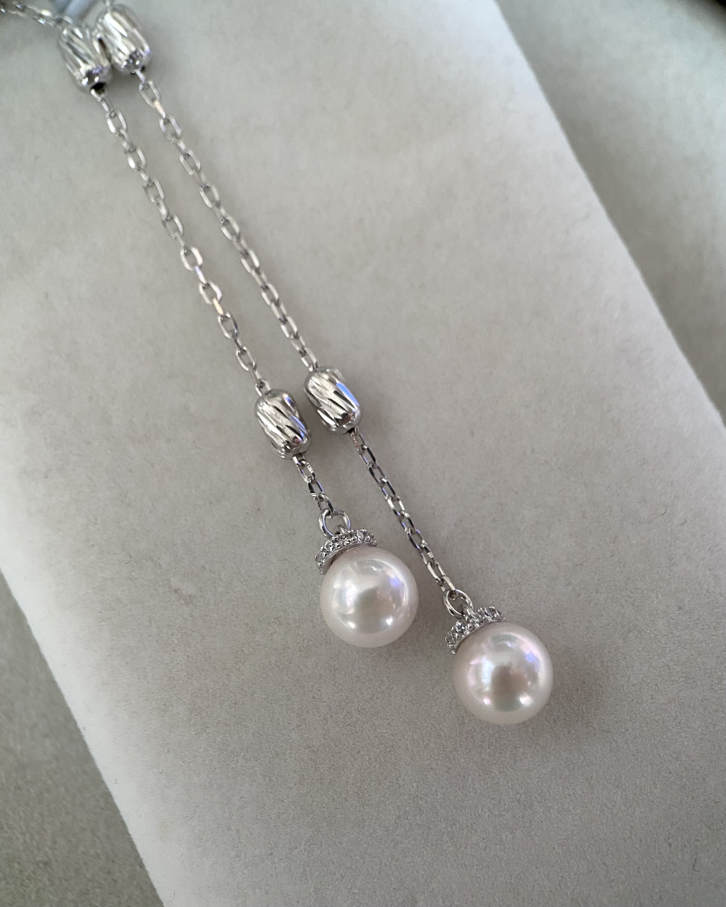Original Japanese-Finished 6.5–7mm Classic White Akoya Pearl Y Necklace – S925 Silver Sparkling Textured Bead Chain, Double-Drop Design Starlit Pearls