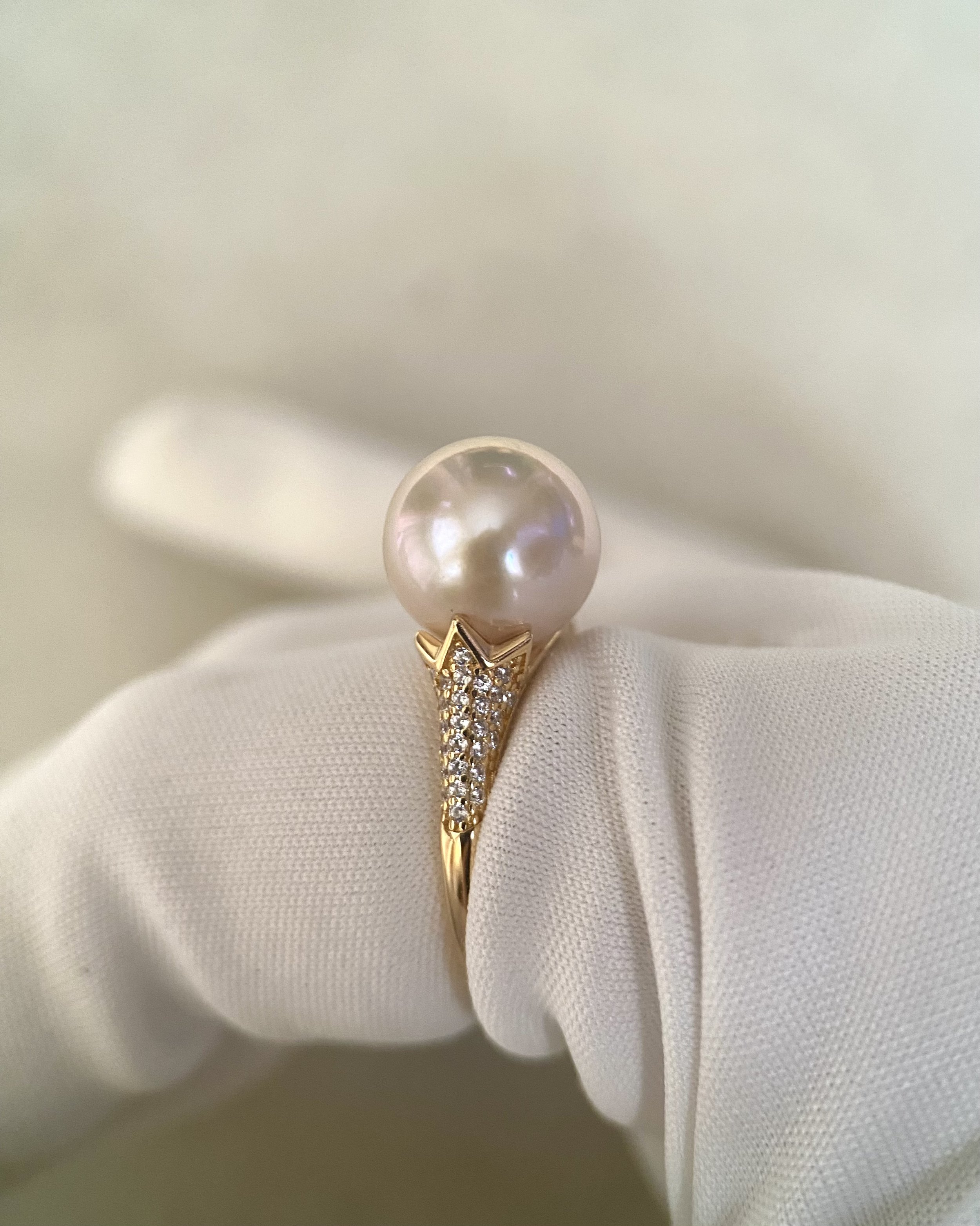 10.2mm Japanese Freshwater Rose Pink Pearl Ring – Artistic Sculptural Design, S925 Silver with Sparkling Pavé Accents, Adjustable Starlit Pearls
