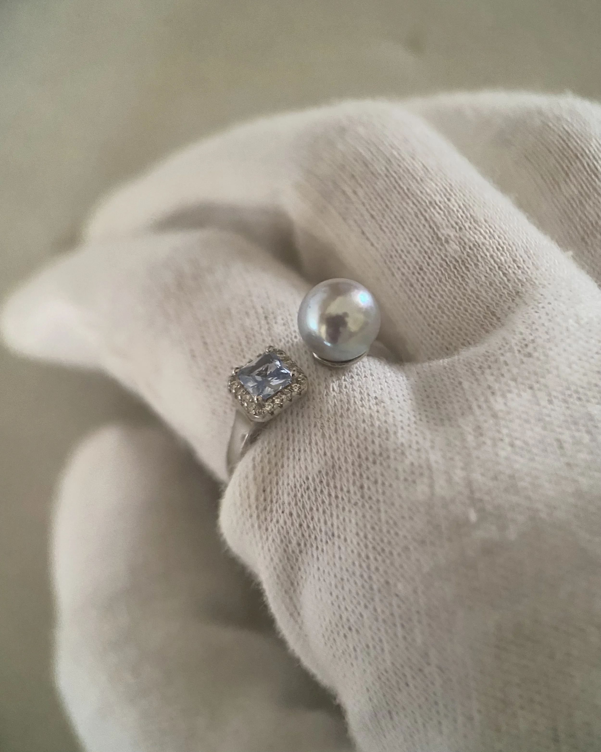 Premium Japanese Silver-Grey Blue Madama Akoya Pearl Open Ring 7.5mm, Ice-Blue Princess-Cut CZ, Adjustable S925, Exhibition Piece Starlit Pearls