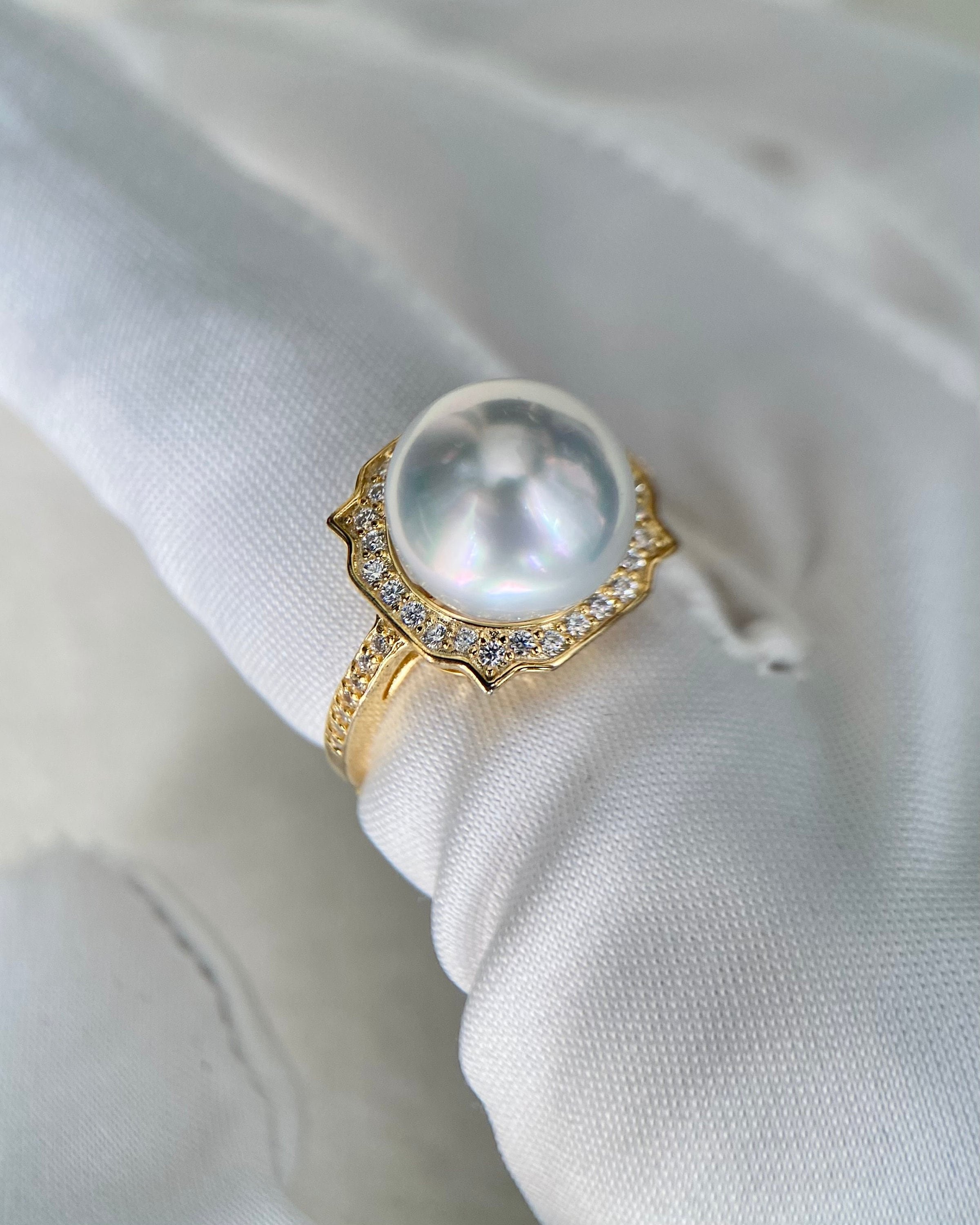 11 mm White Australian South Sea Pearl Ring, Luster with Silver-Blue Hue, Premium Japanese S925 Sterling Silver Branch Band with Dazzling Zircon, Adjustable Size, High Value - Starlit Pearls