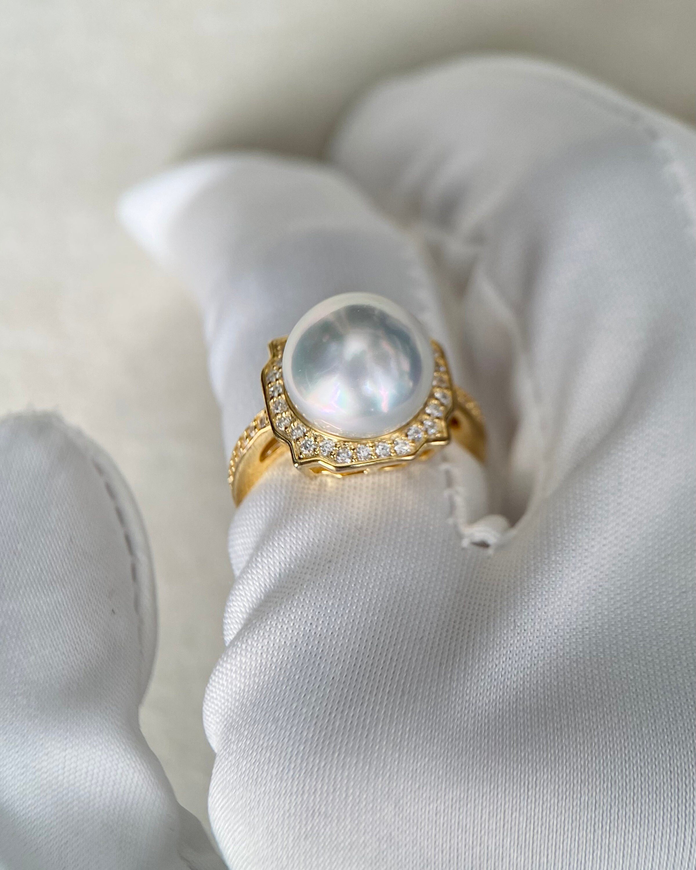 11 mm White Australian South Sea Pearl Ring, Luster with Silver-Blue Hue, Premium Japanese S925 Sterling Silver Branch Band with Dazzling Zircon, Adjustable Size, High Value - Starlit Pearls