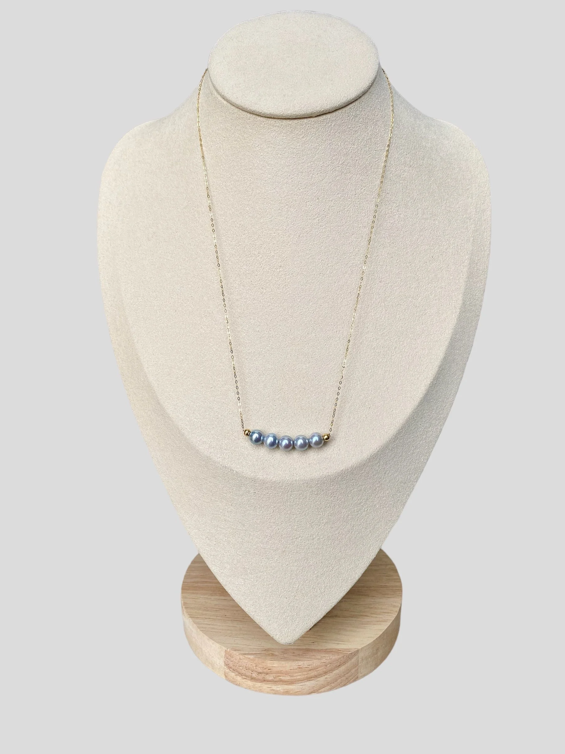 Radiant Luster Necklace: 5pc Japanese Madama Akoya Pearls 6-6.5mm, Silver-Blue Hues on AU750 18CT Gold Chain - A Symphony of Natural Brilliance Starlit Pearls