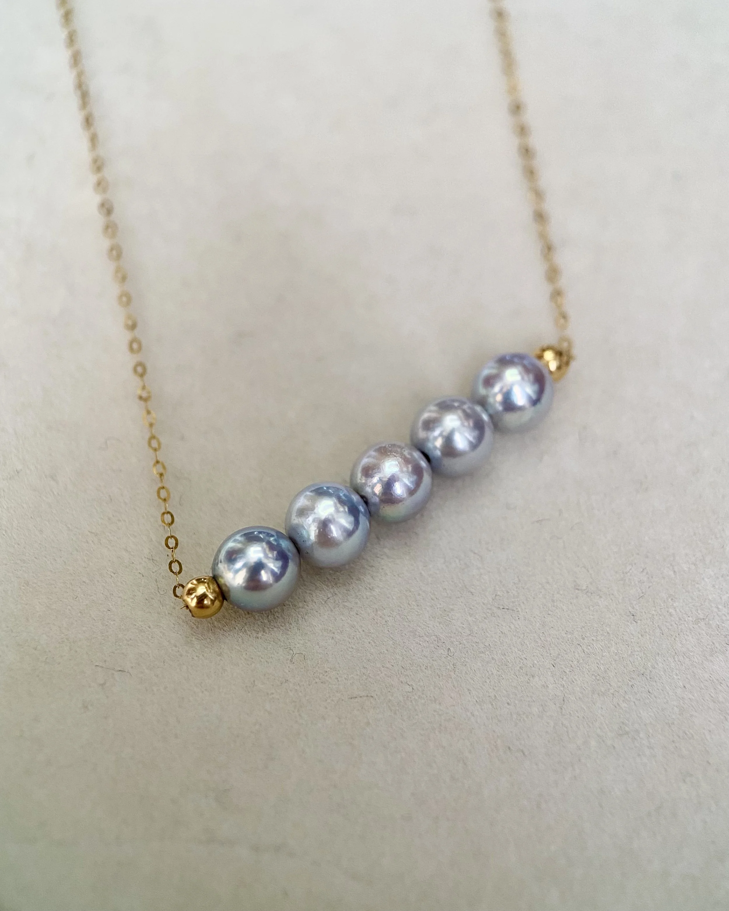 Radiant Luster Necklace: 5pc Japanese Madama Akoya Pearls 6-6.5mm, Silver-Blue Hues on AU750 18CT Gold Chain - A Symphony of Natural Brilliance Starlit Pearls