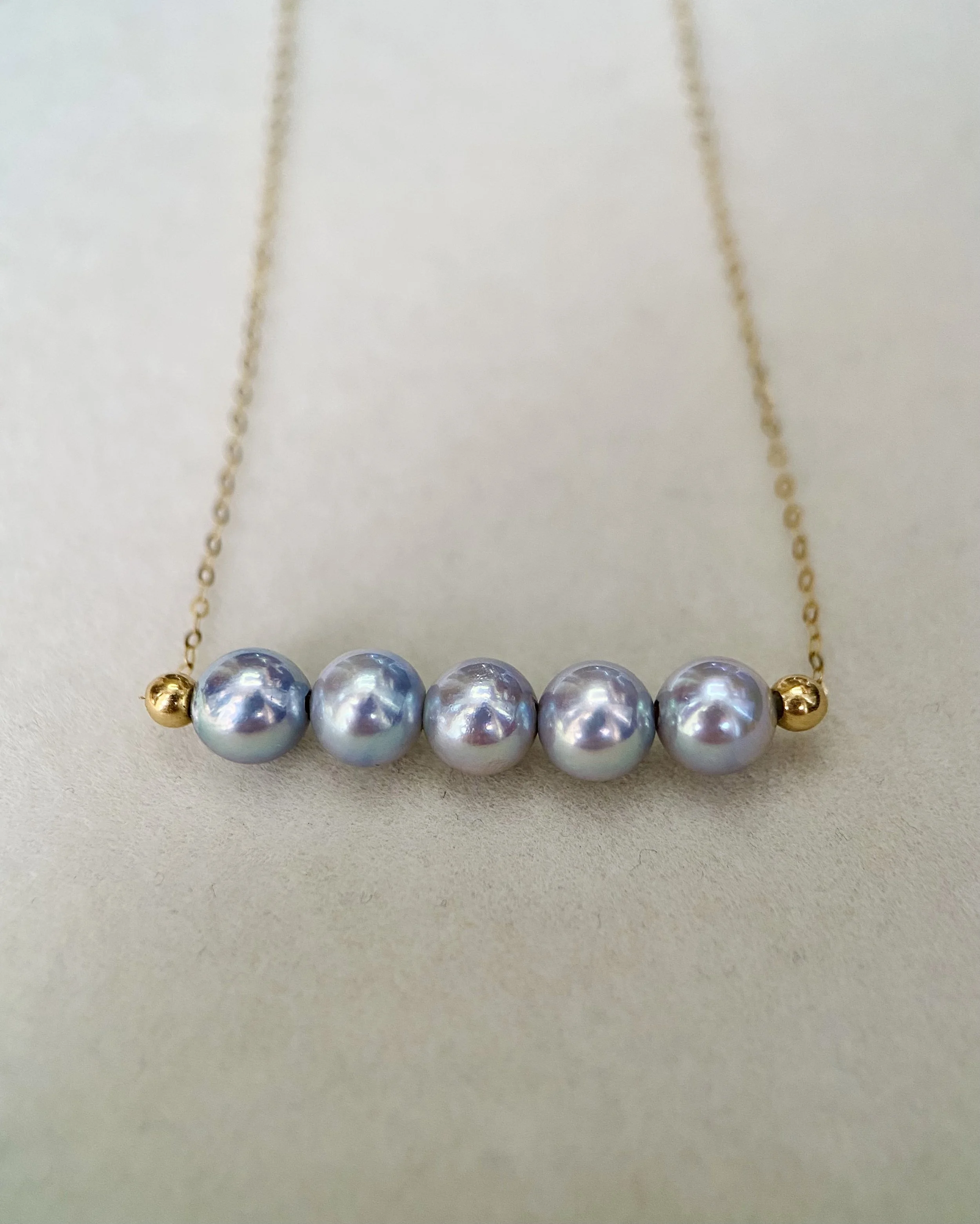 Radiant Luster Necklace: 5pc Japanese Madama Akoya Pearls 6-6.5mm, Silver-Blue Hues on AU750 18CT Gold Chain - A Symphony of Natural Brilliance Starlit Pearls