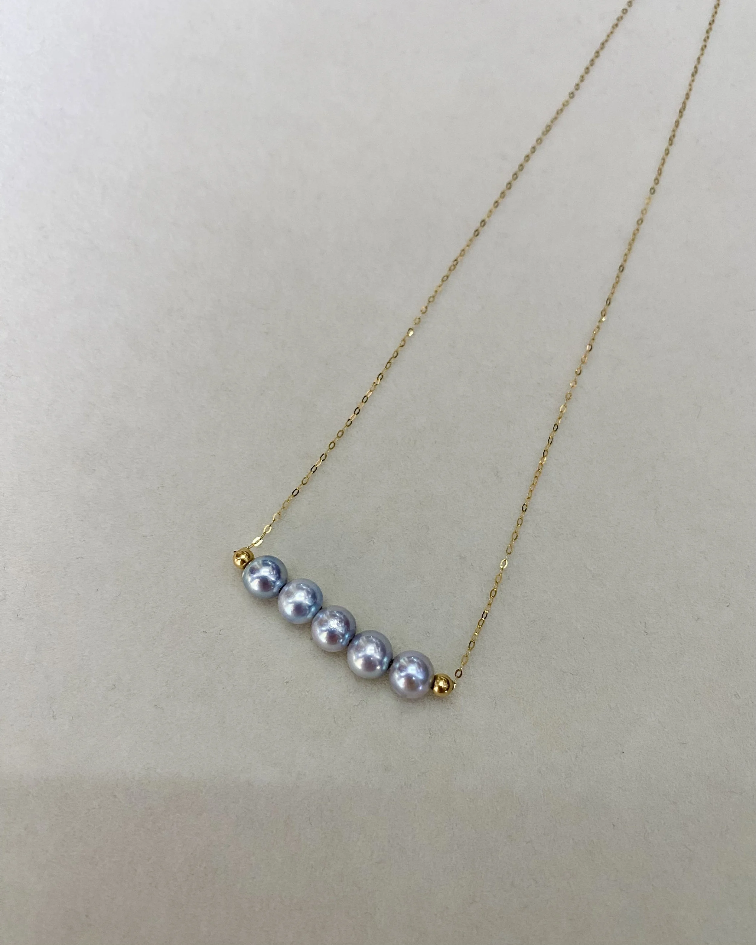 Radiant Luster Necklace: 5pc Japanese Madama Akoya Pearls 6-6.5mm, Silver-Blue Hues on AU750 18CT Gold Chain - A Symphony of Natural Brilliance Starlit Pearls