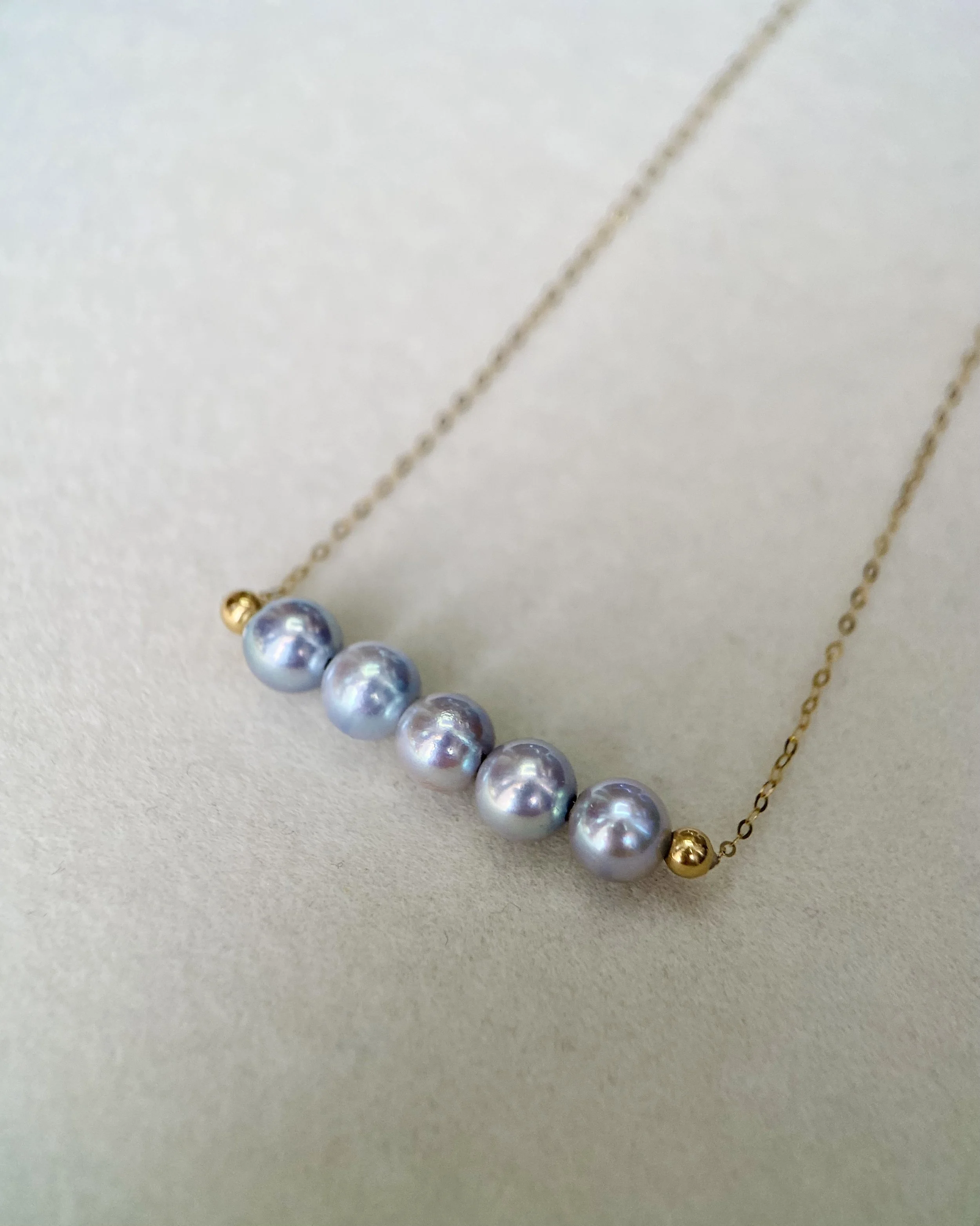 Radiant Luster Necklace: 5pc Japanese Madama Akoya Pearls 6-6.5mm, Silver-Blue Hues on AU750 18CT Gold Chain - A Symphony of Natural Brilliance Starlit Pearls
