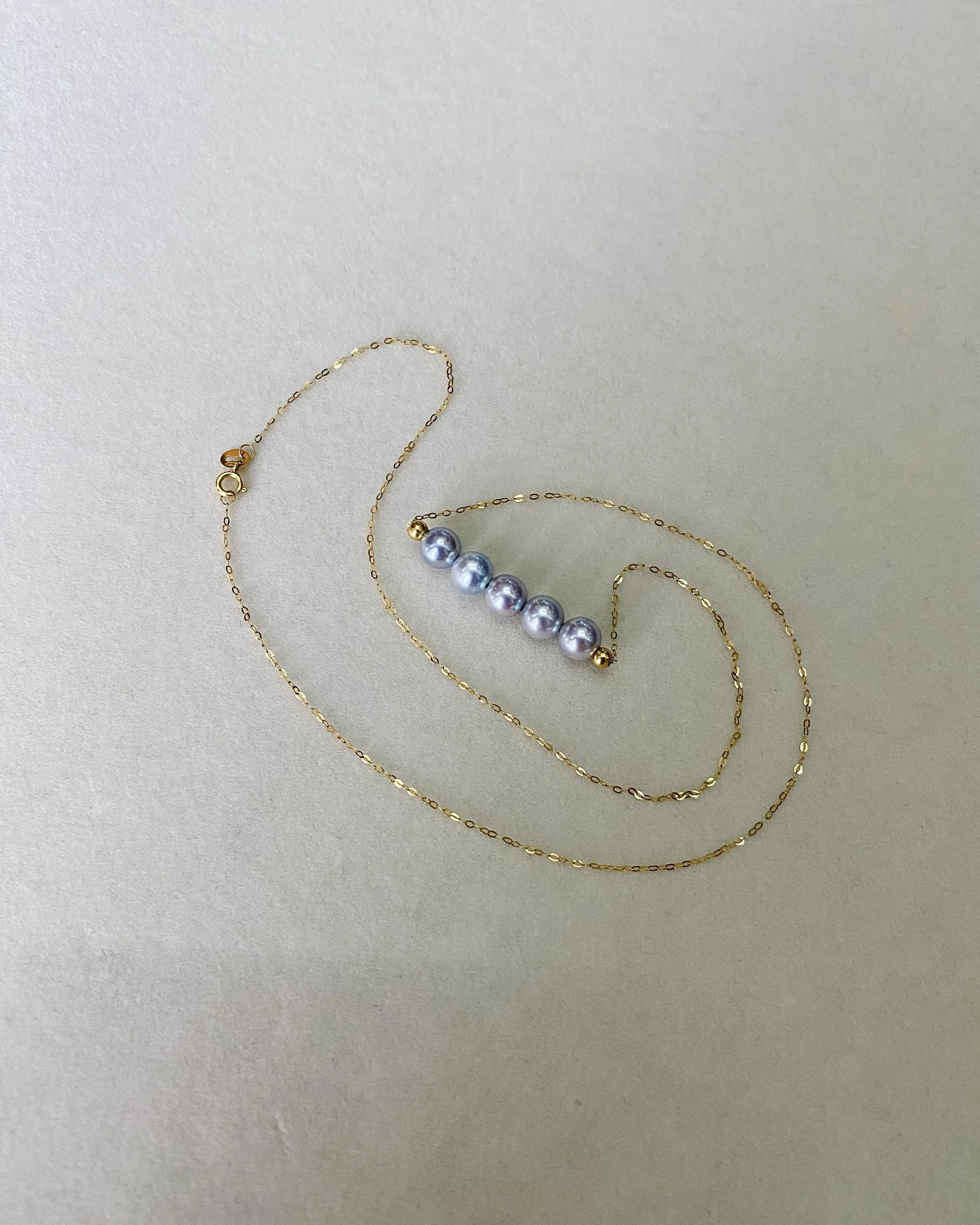 Radiant Luster Necklace: 5pc Japanese Madama Akoya Pearls 6-6.5mm, Silver-Blue Hues on AU750 18CT Gold Chain - A Symphony of Natural Brilliance Starlit Pearls