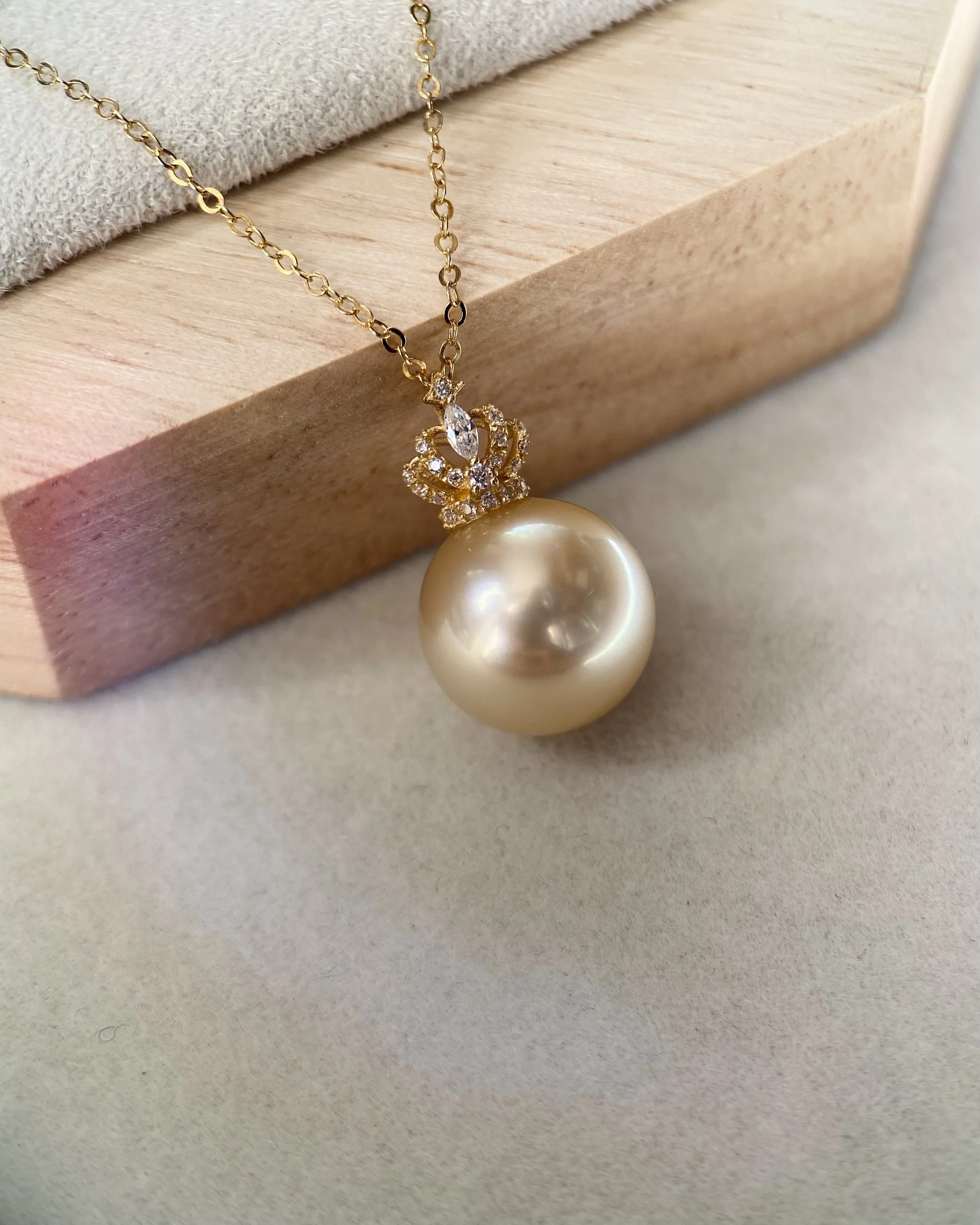 12mm Luxurious Japanese Seawater Cultured Amami Oshima Golden Pearl Pendant - G18K Solid Gold Crown, CZ Diamond Accents - Mirror-Like Luster