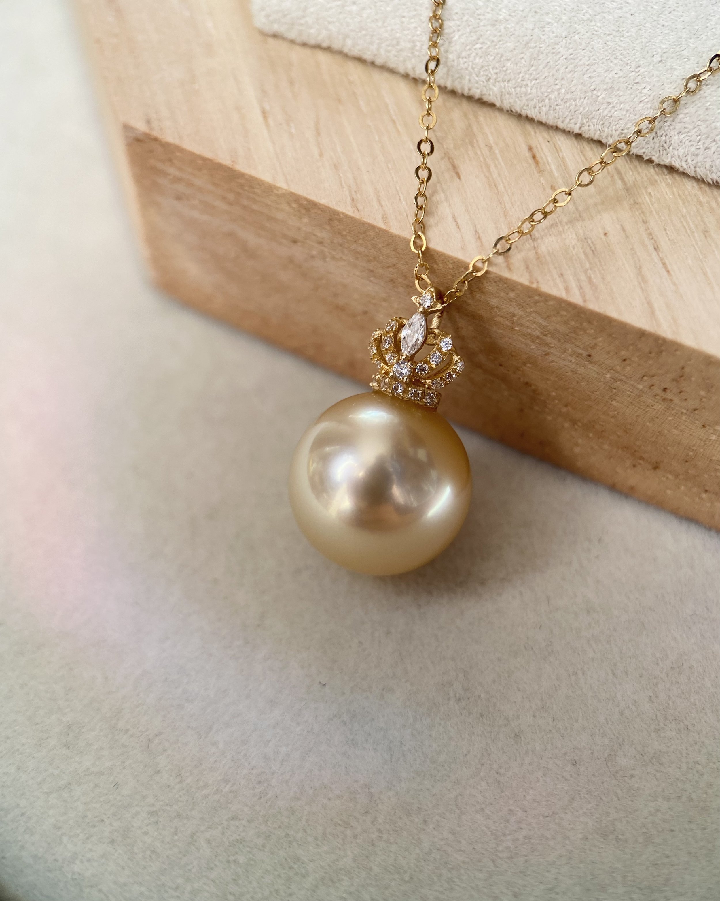 12mm Luxurious Japanese Seawater Cultured Amami Oshima Golden Pearl Pendant - G18K Solid Gold Crown, CZ Diamond Accents - Mirror-Like Luster