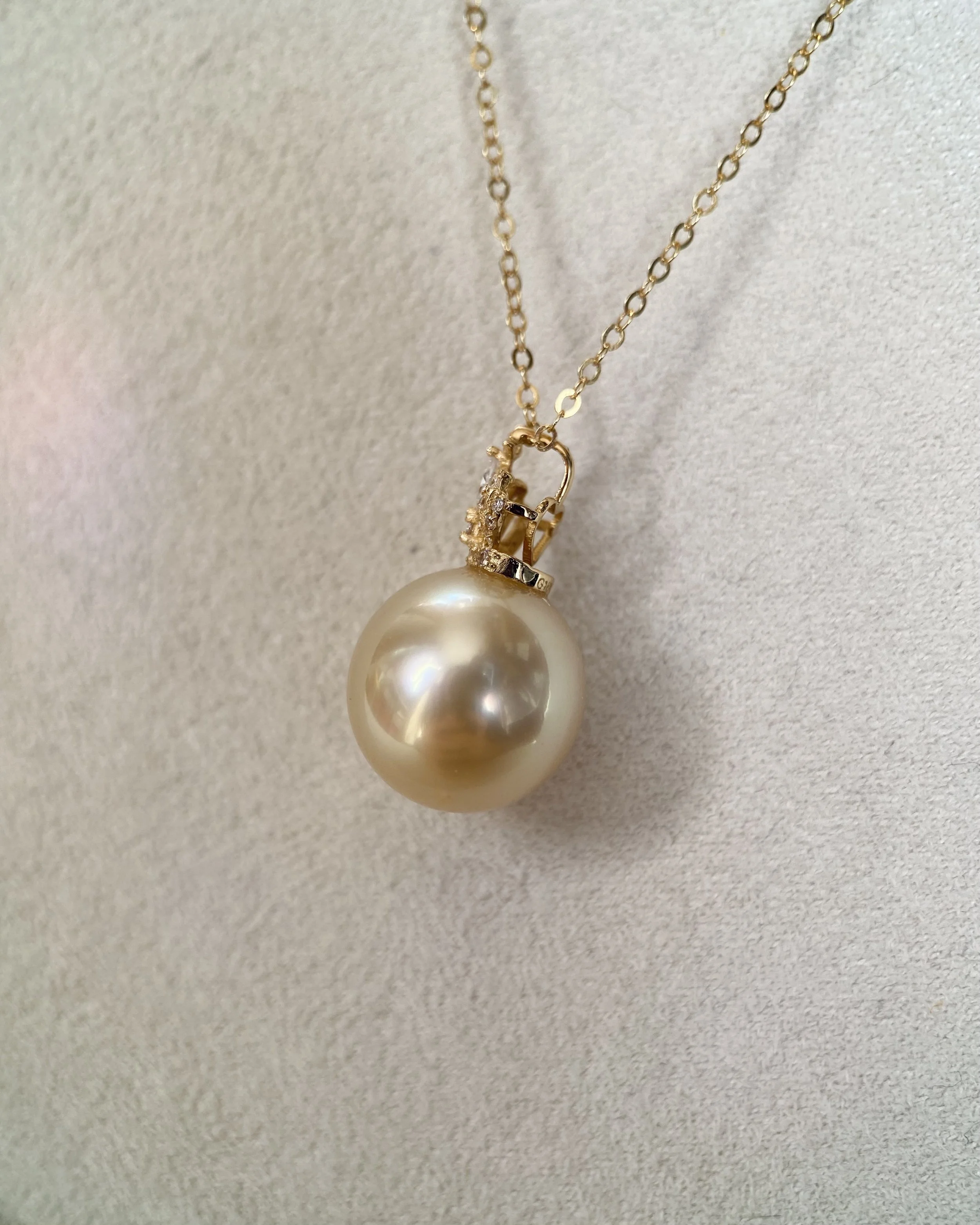 12mm Luxurious Japanese Seawater Cultured Amami Oshima Golden Pearl Pendant - G18K Solid Gold Crown, CZ Diamond Accents - Mirror-Like Luster