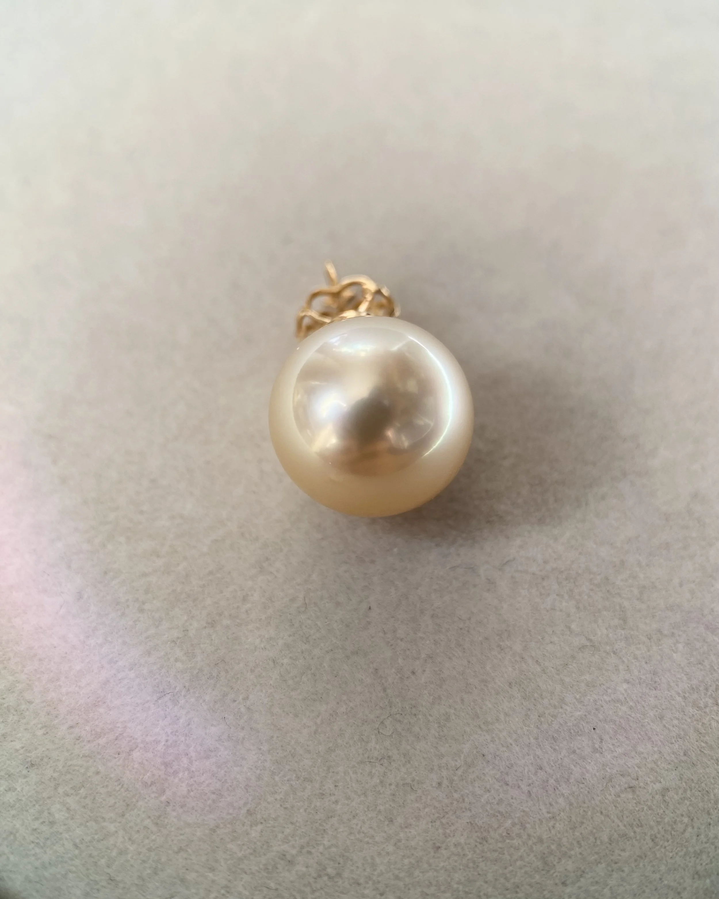12mm Luxurious Japanese Seawater Cultured Amami Oshima Golden Pearl Pendant - G18K Solid Gold Crown, CZ Diamond Accents - Mirror-Like Luster