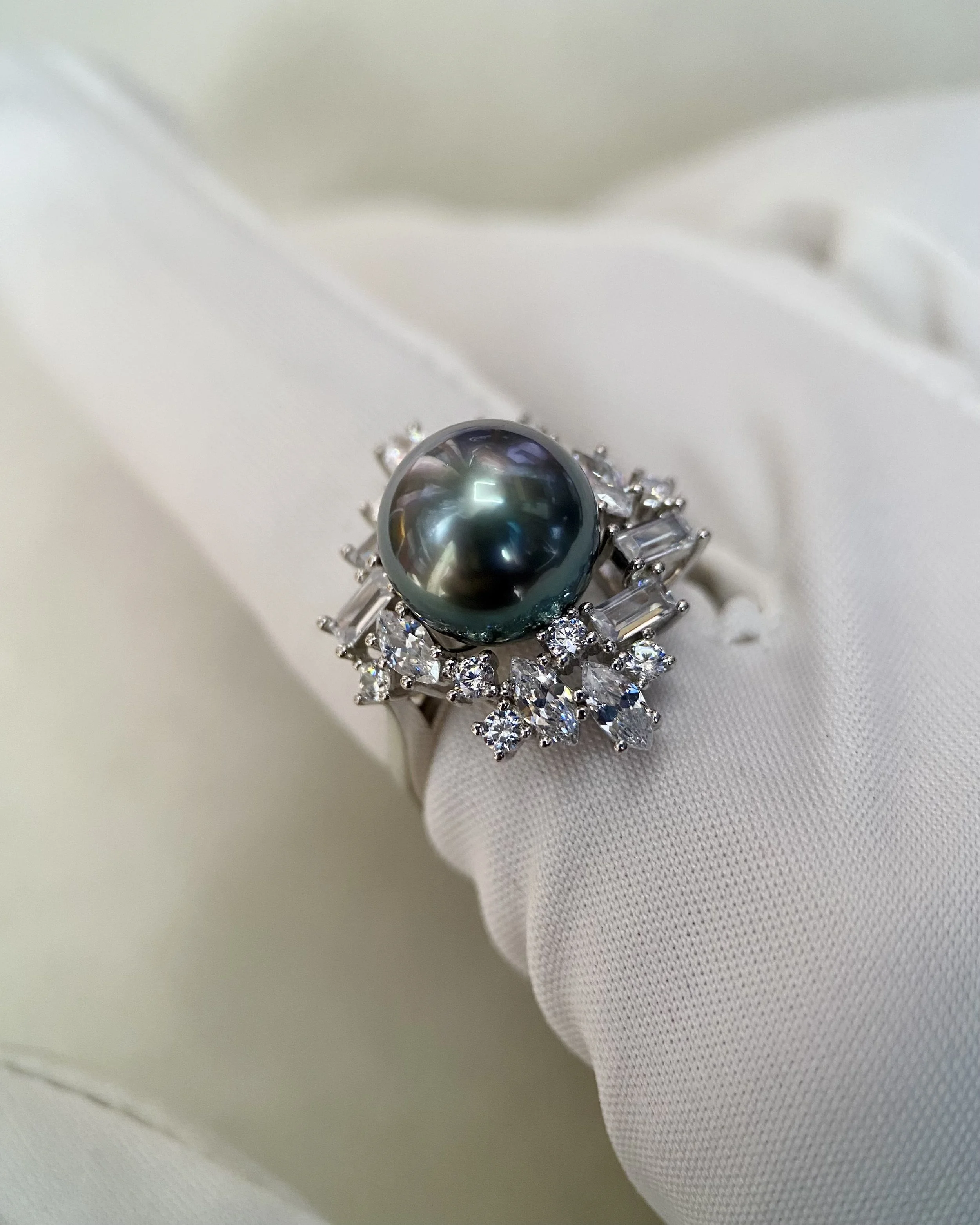 Luster 10.5mm South Sea Tahitian Black Pearl Ring, Flawless, Stunning Peacock Green &amp; Rare Rainbow Overtones, Artistic CZ Diamond Setting