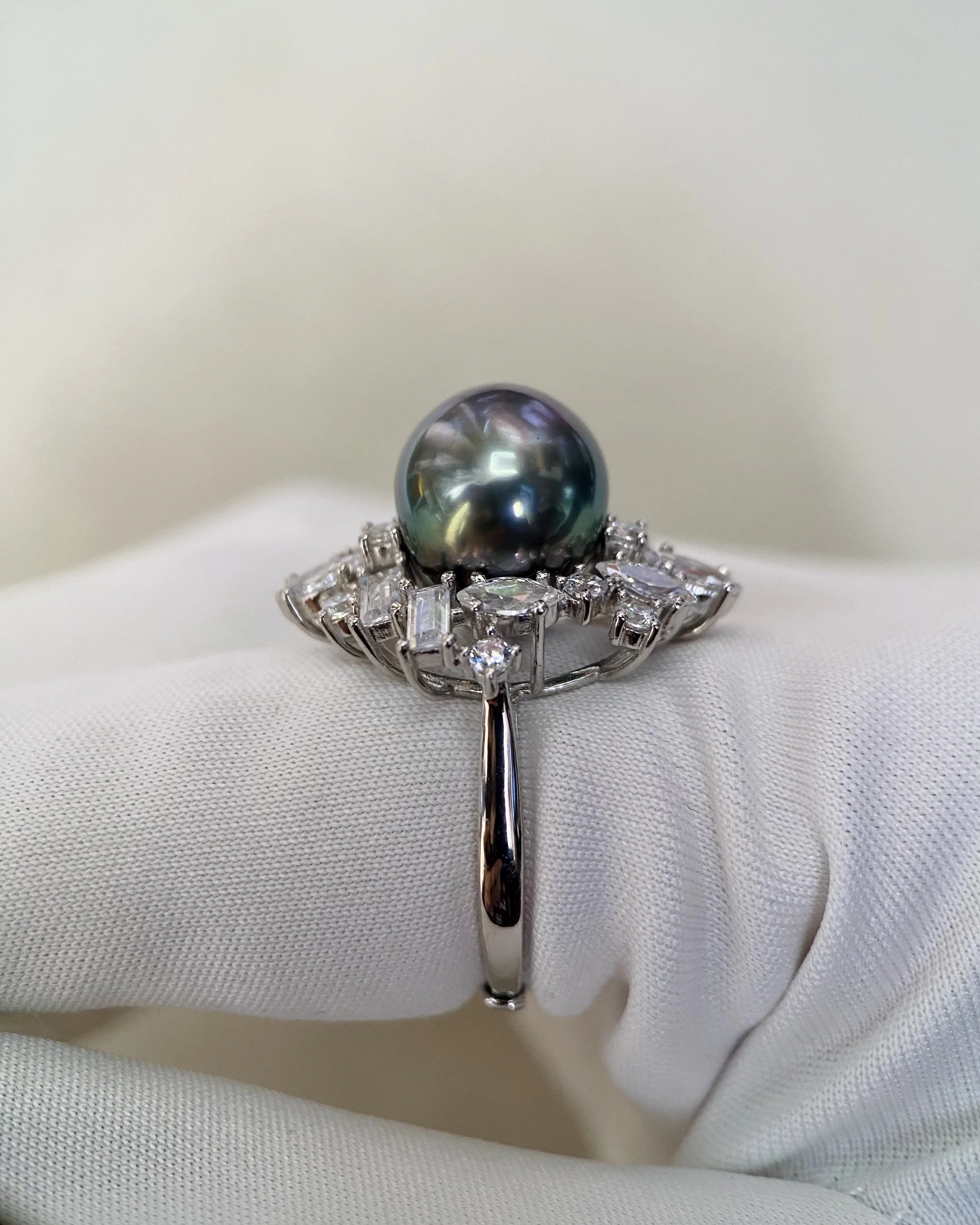 Luster 10.5mm South Sea Tahitian Black Pearl Ring, Flawless, Stunning Peacock Green &amp; Rare Rainbow Overtones, Artistic CZ Diamond Setting