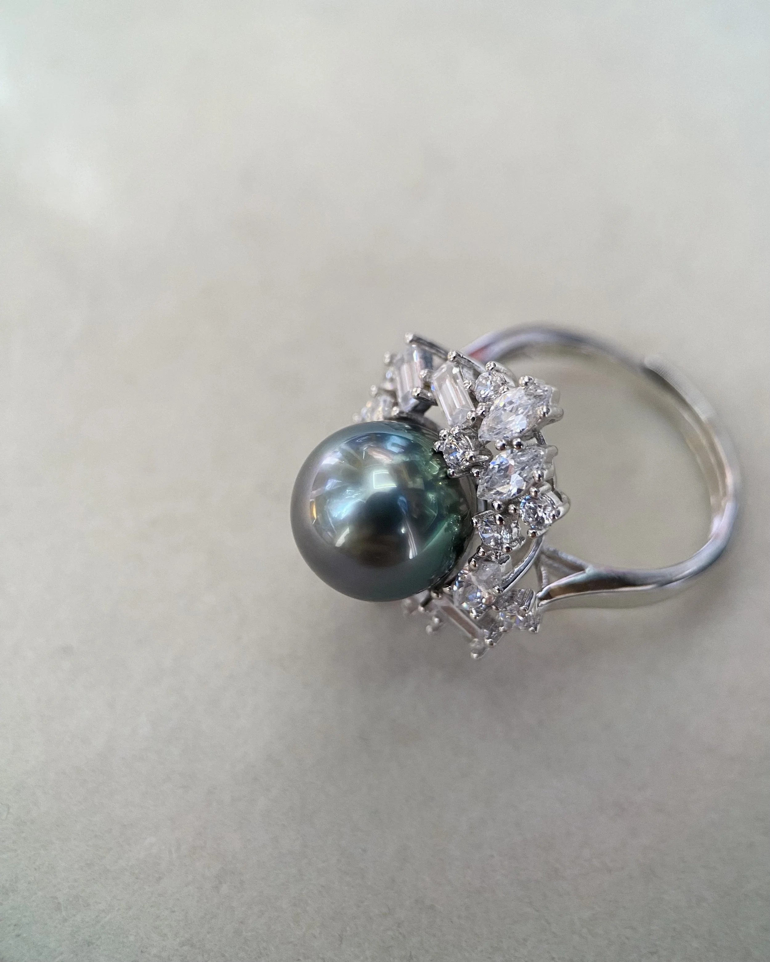 Luster 10.5mm South Sea Tahitian Black Pearl Ring, Flawless, Stunning Peacock Green &amp; Rare Rainbow Overtones, Artistic CZ Diamond Setting