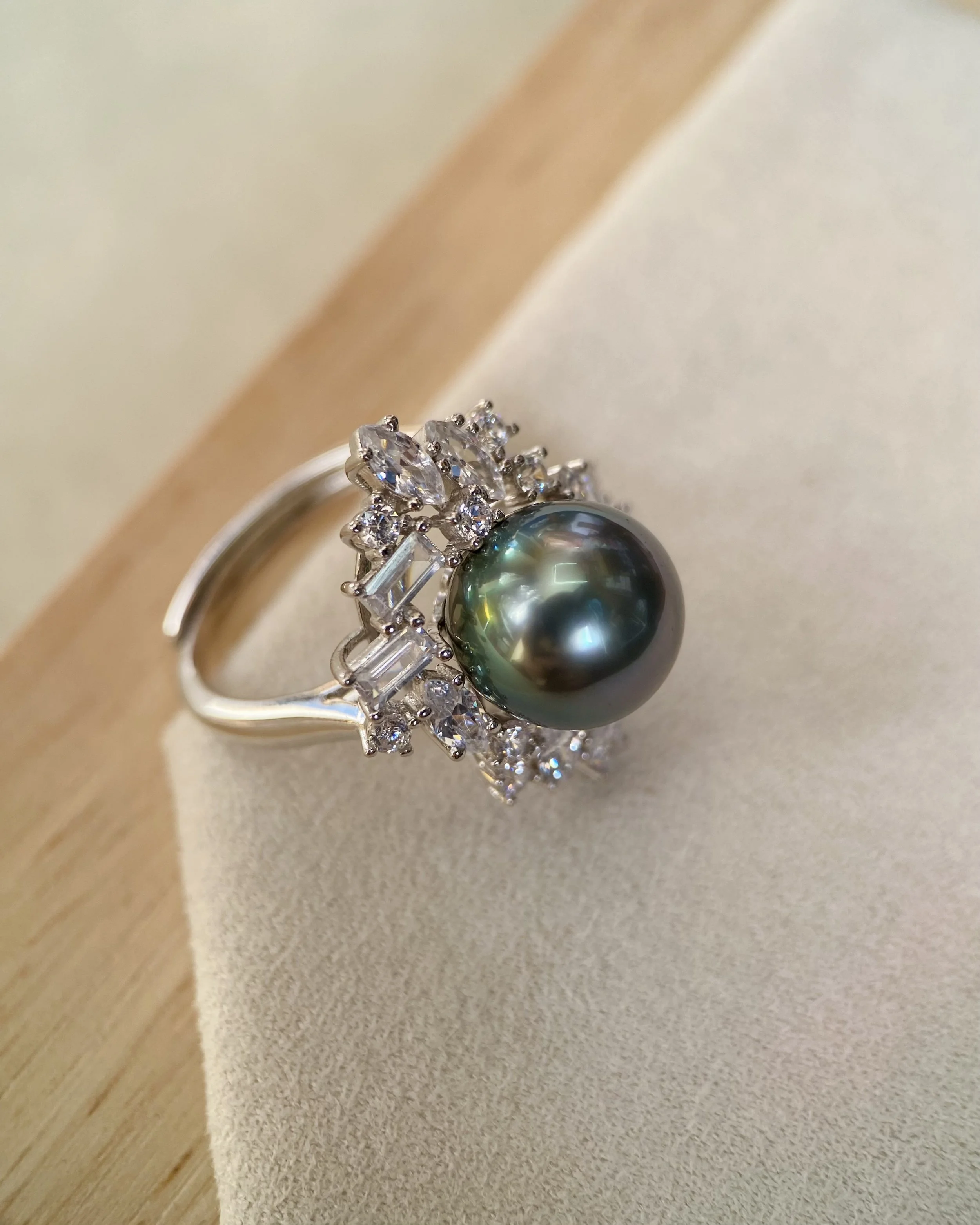 Luster 10.5mm South Sea Tahitian Black Pearl Ring, Flawless, Stunning Peacock Green &amp; Rare Rainbow Overtones, Artistic CZ Diamond Setting