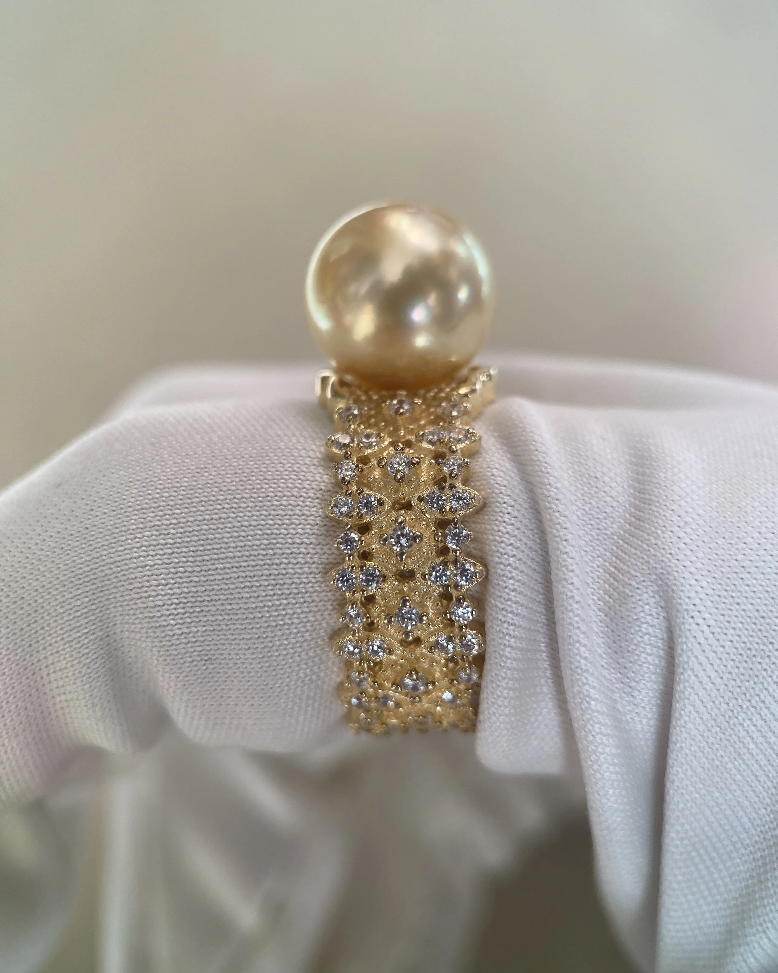 Luxurious 10.8mm Flawless South Sea Cultured Golden Pearl Ring, S925 Sliver Adjustable Lace-Setting, Exquisite Luster, Regal Elegance