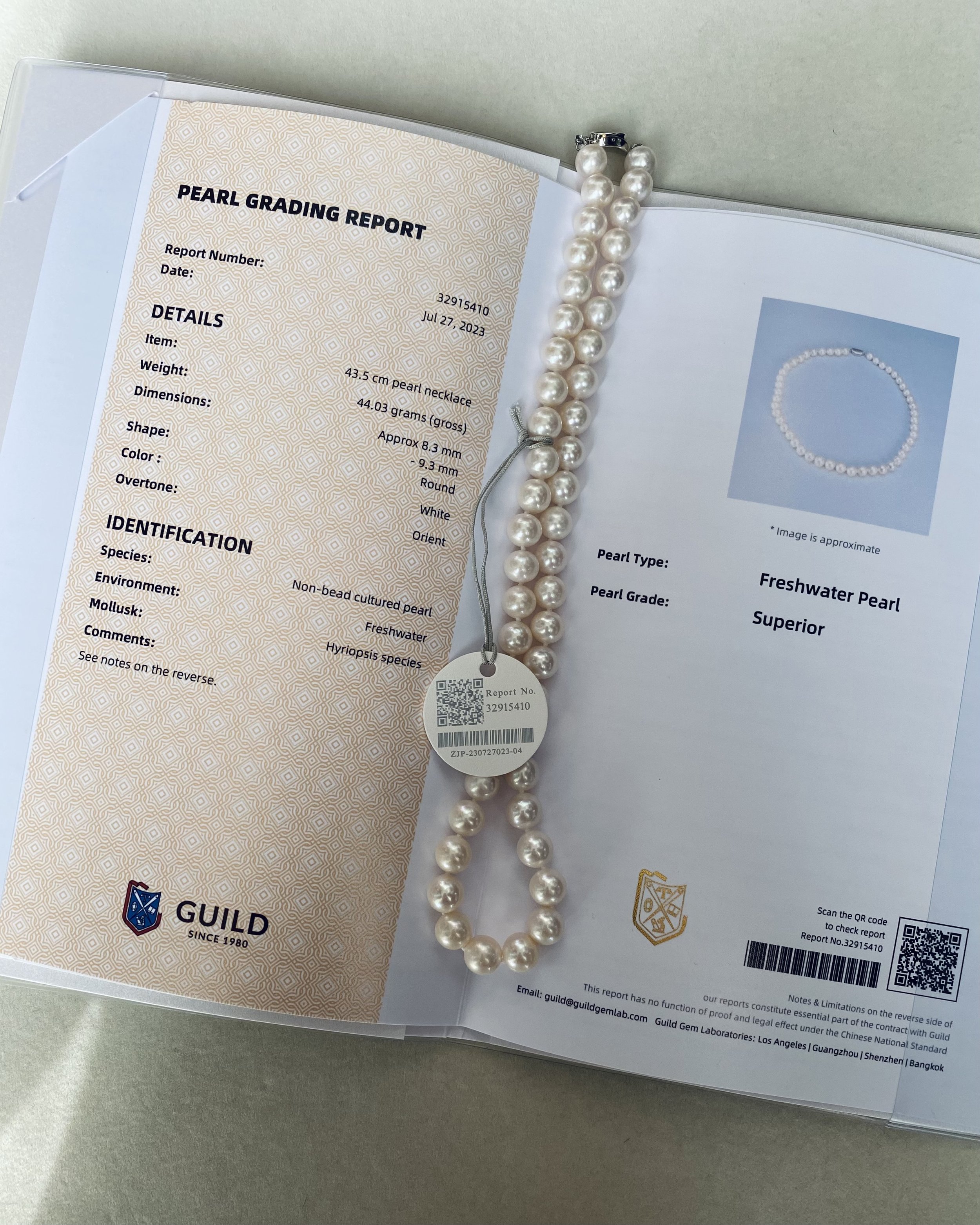 Superior Grade 9mm Freshwater Nucleus-Free Cultured Pearl Necklace, Ivory White, Guild Gem Laboratories-Certified, S925 Silver Pea Clasp