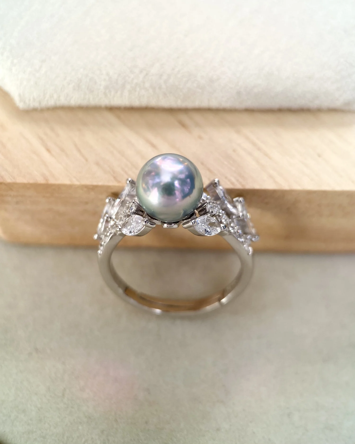 Specially Selected 8.2mm Japanese Madama Akoya Pearl Ring, Silver-Grey-Blue with Radiant Rainbow Overtones, S925 Silver Olive Branch Setting Starlit Pearls