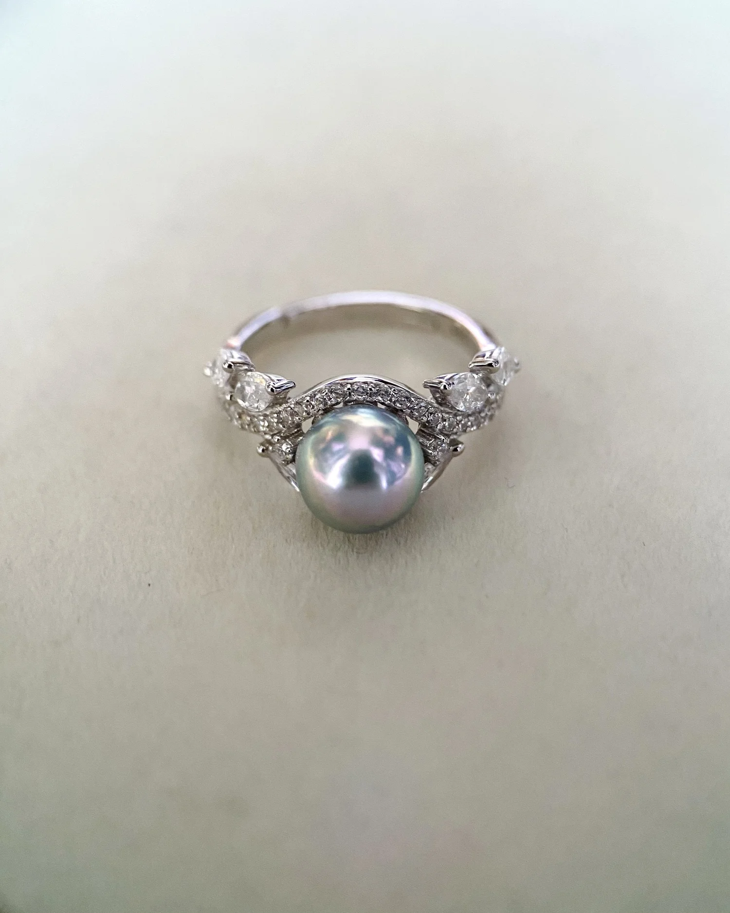 Specially Selected 8.2mm Japanese Madama Akoya Pearl Ring, Silver-Grey-Blue with Radiant Rainbow Overtones, S925 Silver Olive Branch Setting Starlit Pearls