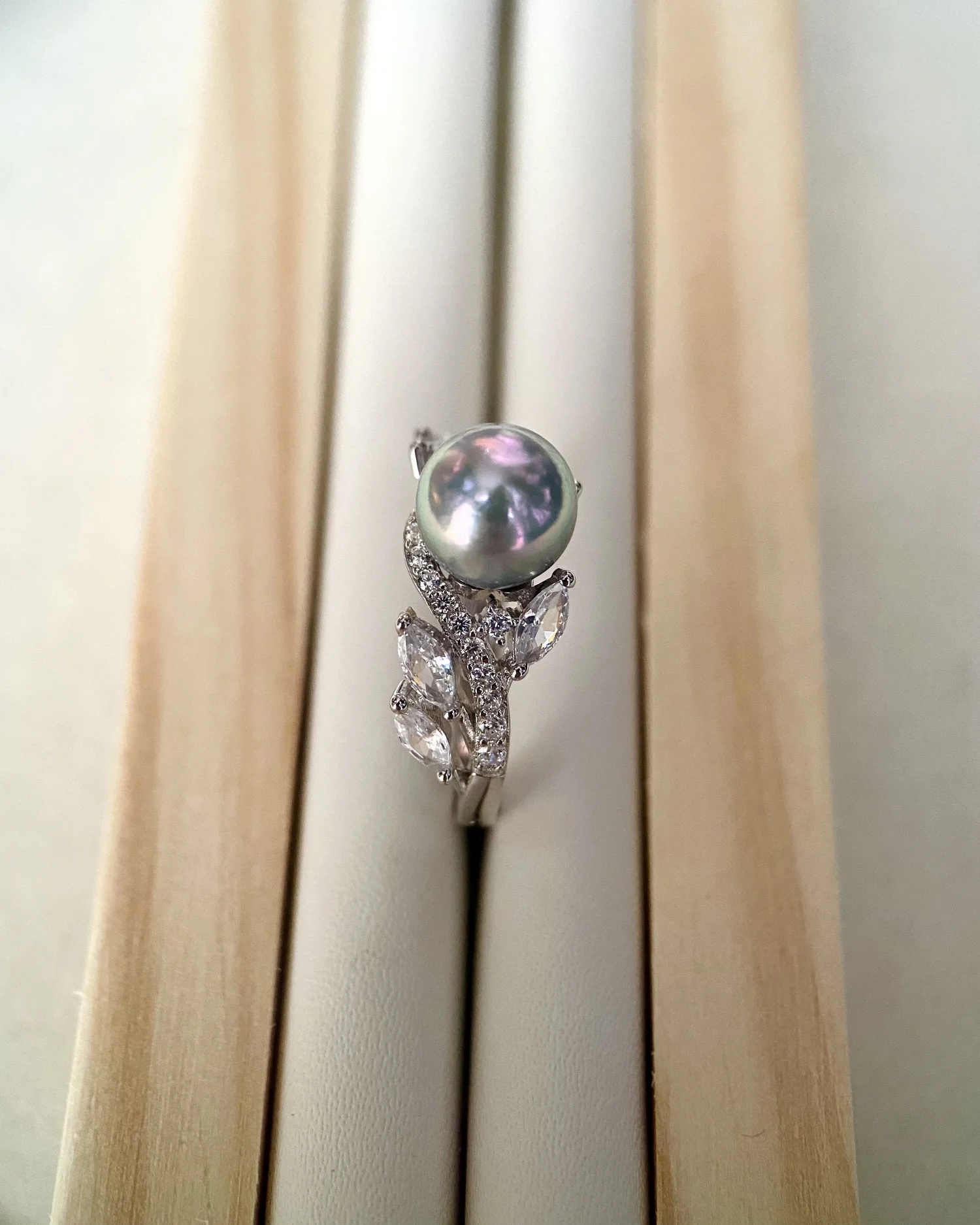 Specially Selected 8.2mm Japanese Madama Akoya Pearl Ring, Silver-Grey-Blue with Radiant Rainbow Overtones, S925 Silver Olive Branch Setting Starlit Pearls