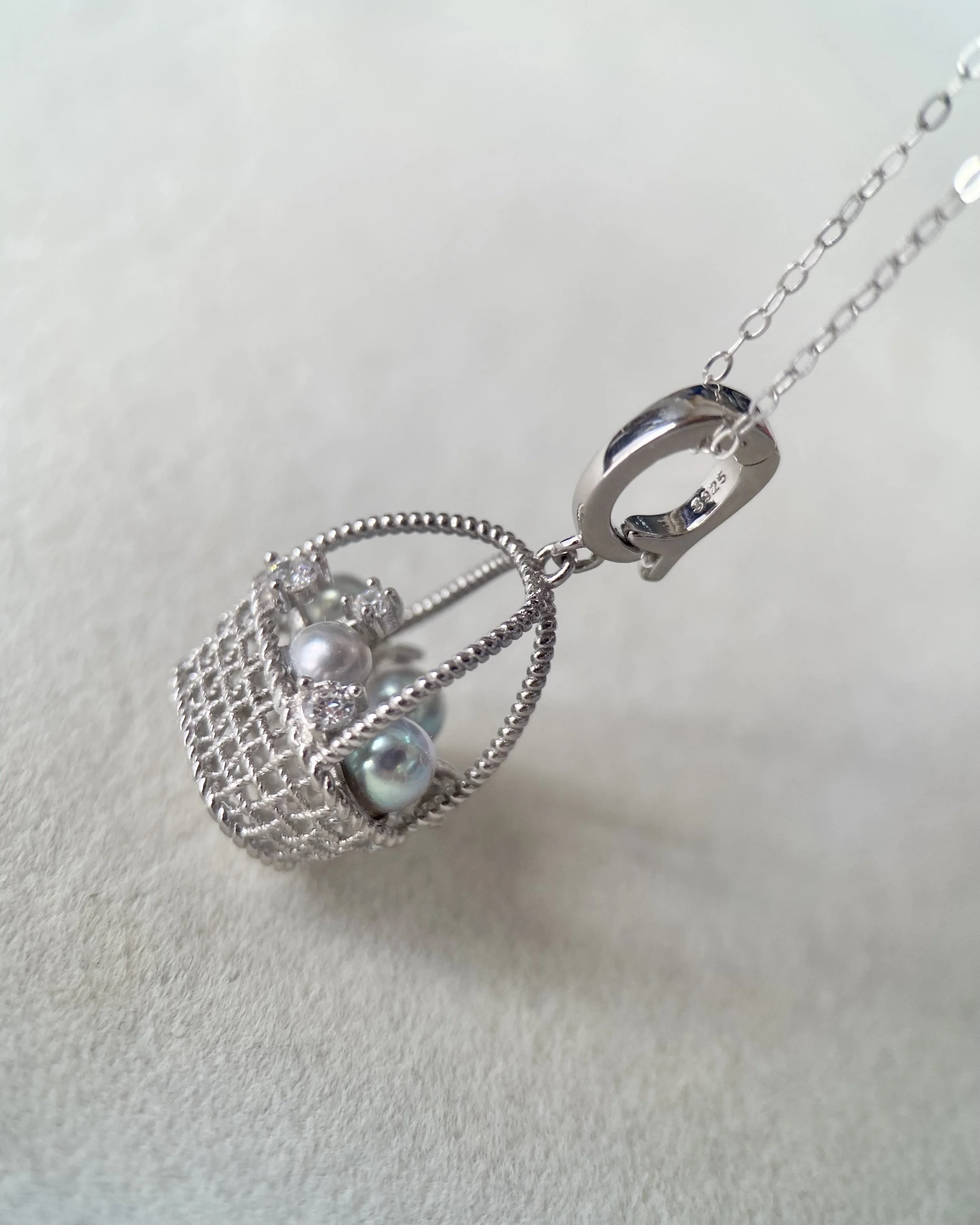 Top Gr Japanese Silver-Grey Saiundama Akoya Pearl Pendant, Sculptural 3D Woven Treasure Basket with Four Pearls_CZ_S925, Show Piece Starlit Pearls