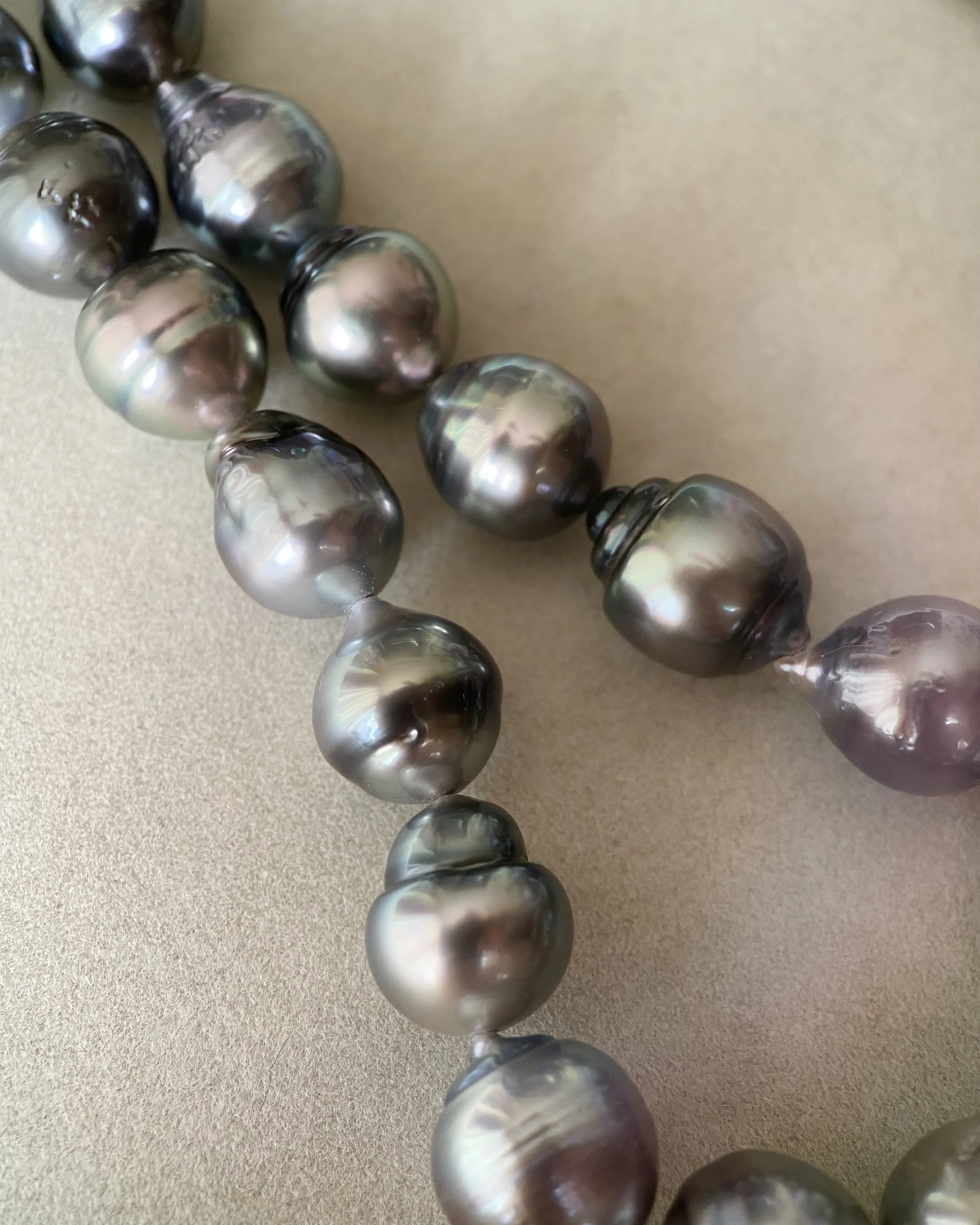 PSL Certified Tahitian South Sea Baroque Pearl Necklace 8–12mm, Platinum Grey w/ Iridescent Overtones, Geometric Patent Silver Clasp Starlit Pearls