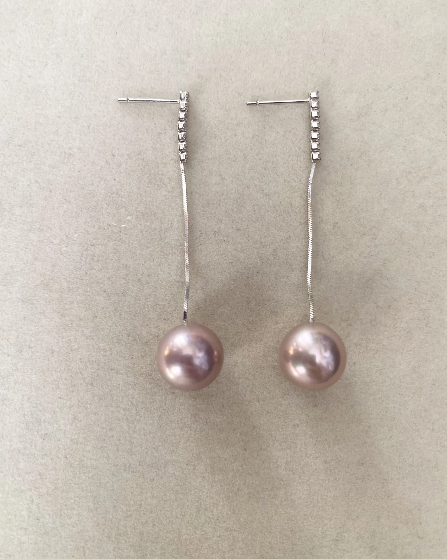 Exquisite 10.5-11mm Round Red Violet Freshwater Pearl Drop Earrings, Mirror-Like Lustre, S925 Silver Herringbone Chain with CZ Accents Starlit Pearls