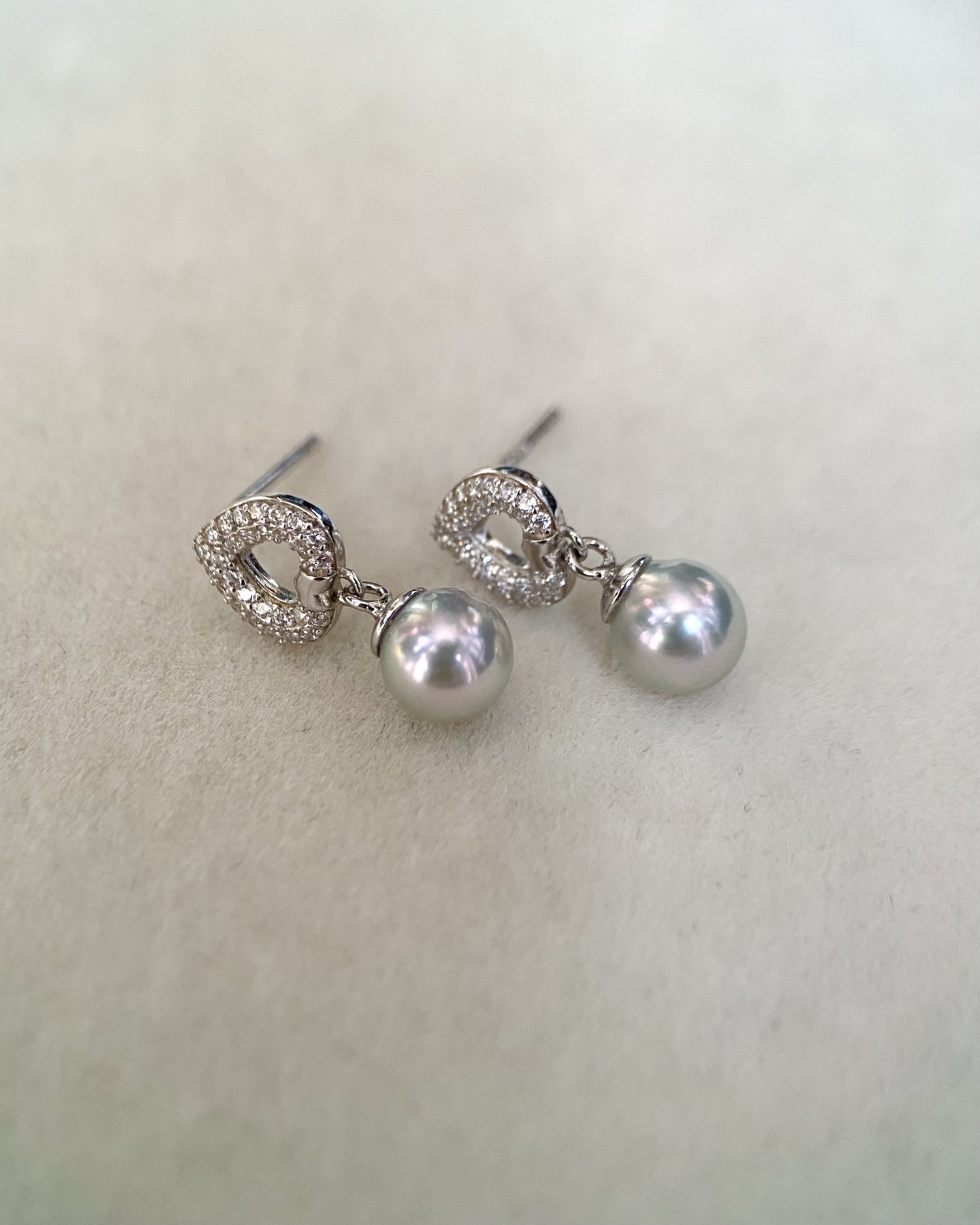 High-Lustre 6.5mm Japanese Silver Grey Madama Akoya Pearl Earrings, Heart-Shaped S925 Silver with Sparkling Pave Set CZ Starlit Pearls