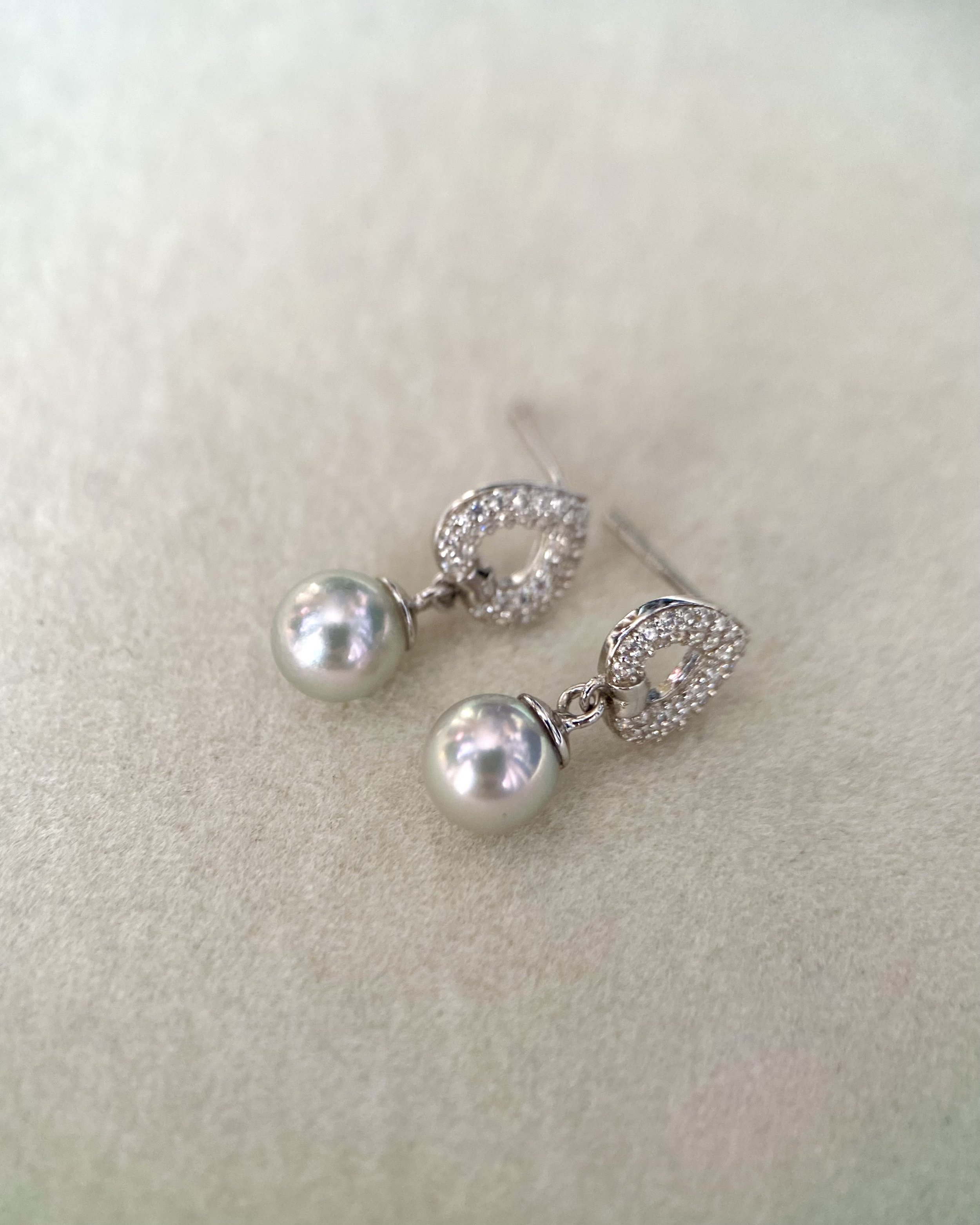 High-Lustre 6.5mm Japanese Silver Grey Madama Akoya Pearl Earrings, Heart-Shaped S925 Silver with Sparkling Pave Set CZ Starlit Pearls