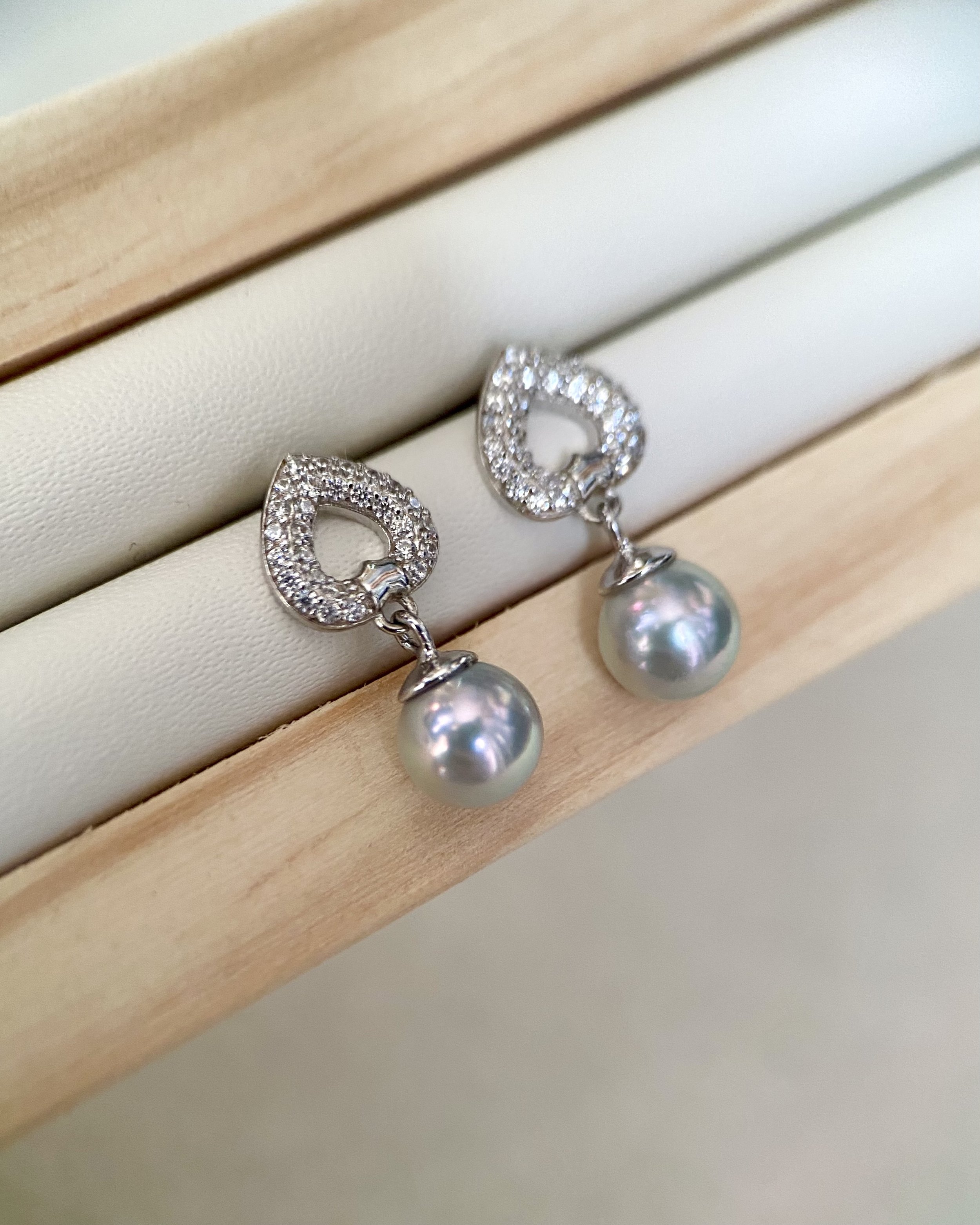 High-Lustre 6.5mm Japanese Silver Grey Madama Akoya Pearl Earrings, Heart-Shaped S925 Silver with Sparkling Pave Set CZ Starlit Pearls
