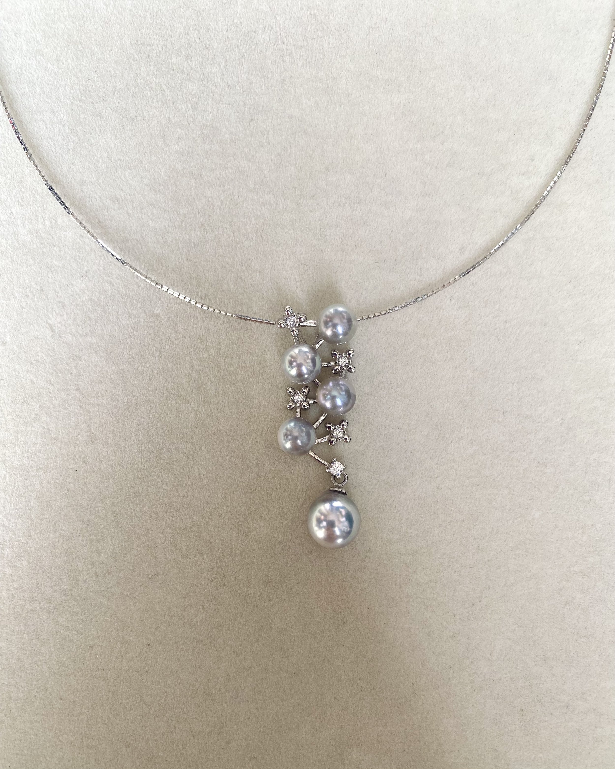 6-6.5mm/8.5mm Japanese Silver Grey Madama Akoya Pearl Pendant Necklace, Pink Overtone, Japanese S925 Silver Setting, Stellar Elegance Design Starlit Pearls
