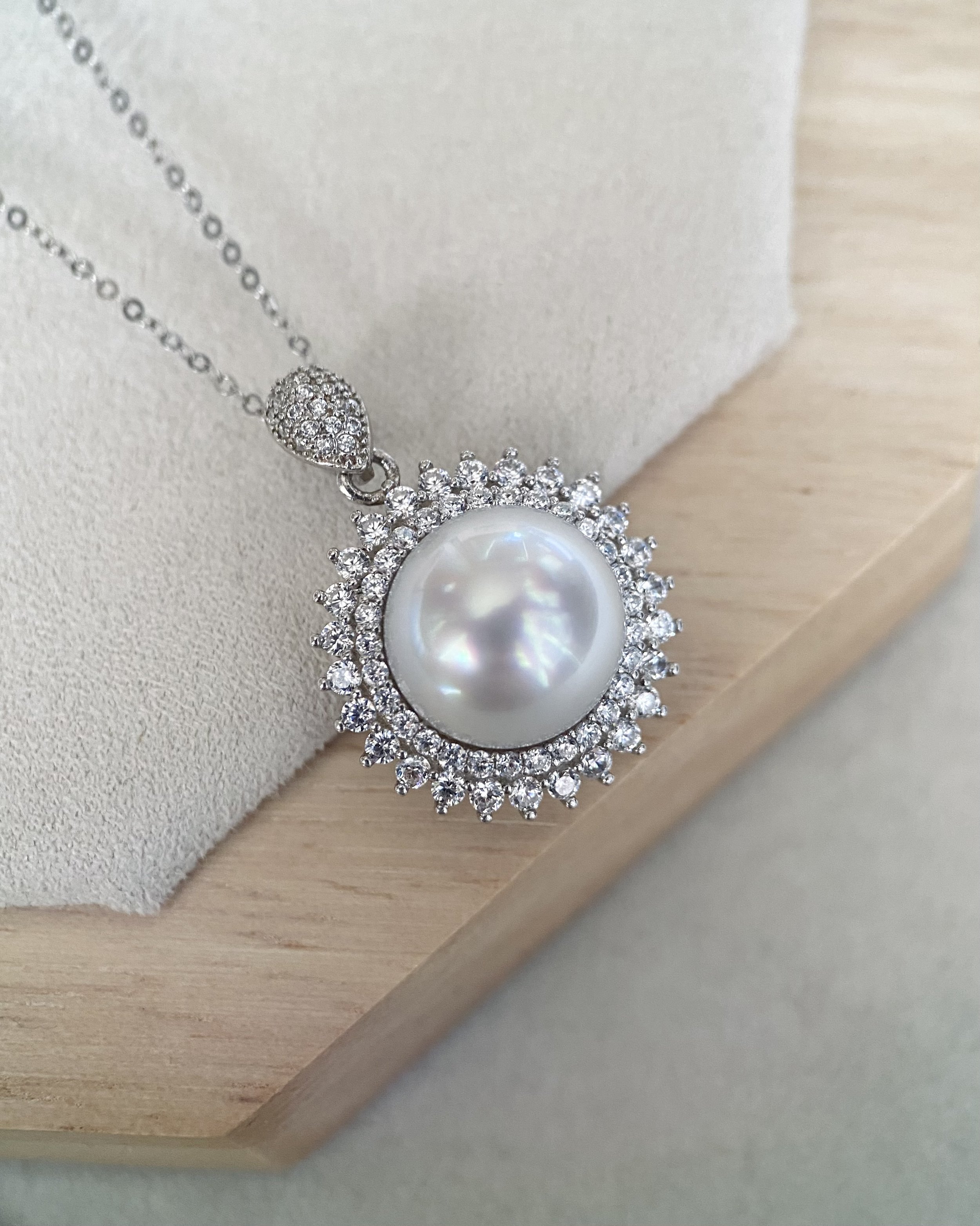 Versailles-Inspired 11.5-12mm Australian South Sea White Pearl Pendant, Italian S925 Silver, Pave Set Sparkling Zirconia, Lustrous Glow Starlit Pearl