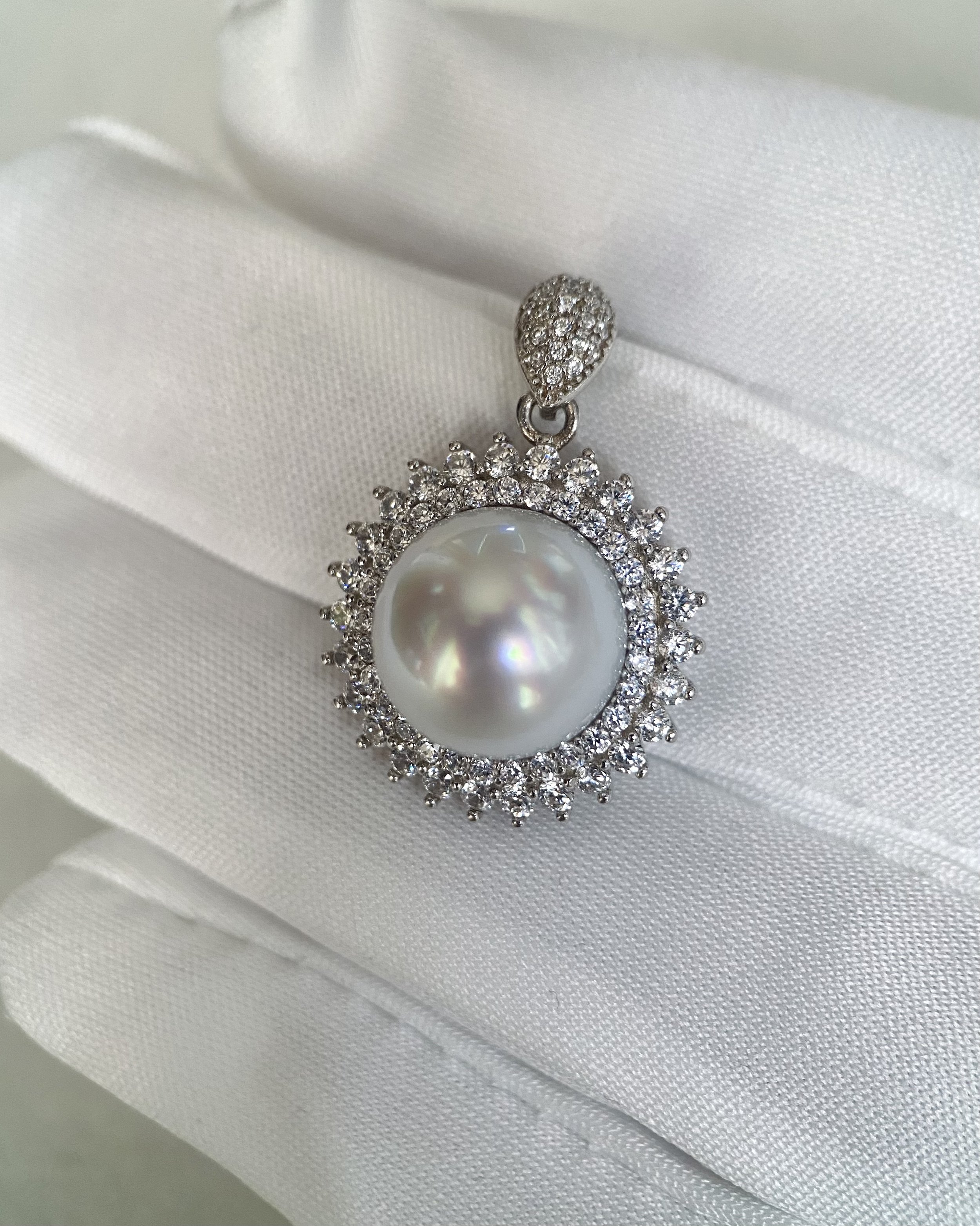 Versailles-Inspired 11.5-12mm Australian South Sea White Pearl Pendant, Italian S925 Silver, Pave Set Sparkling Zirconia, Lustrous Glow Starlit Pearl