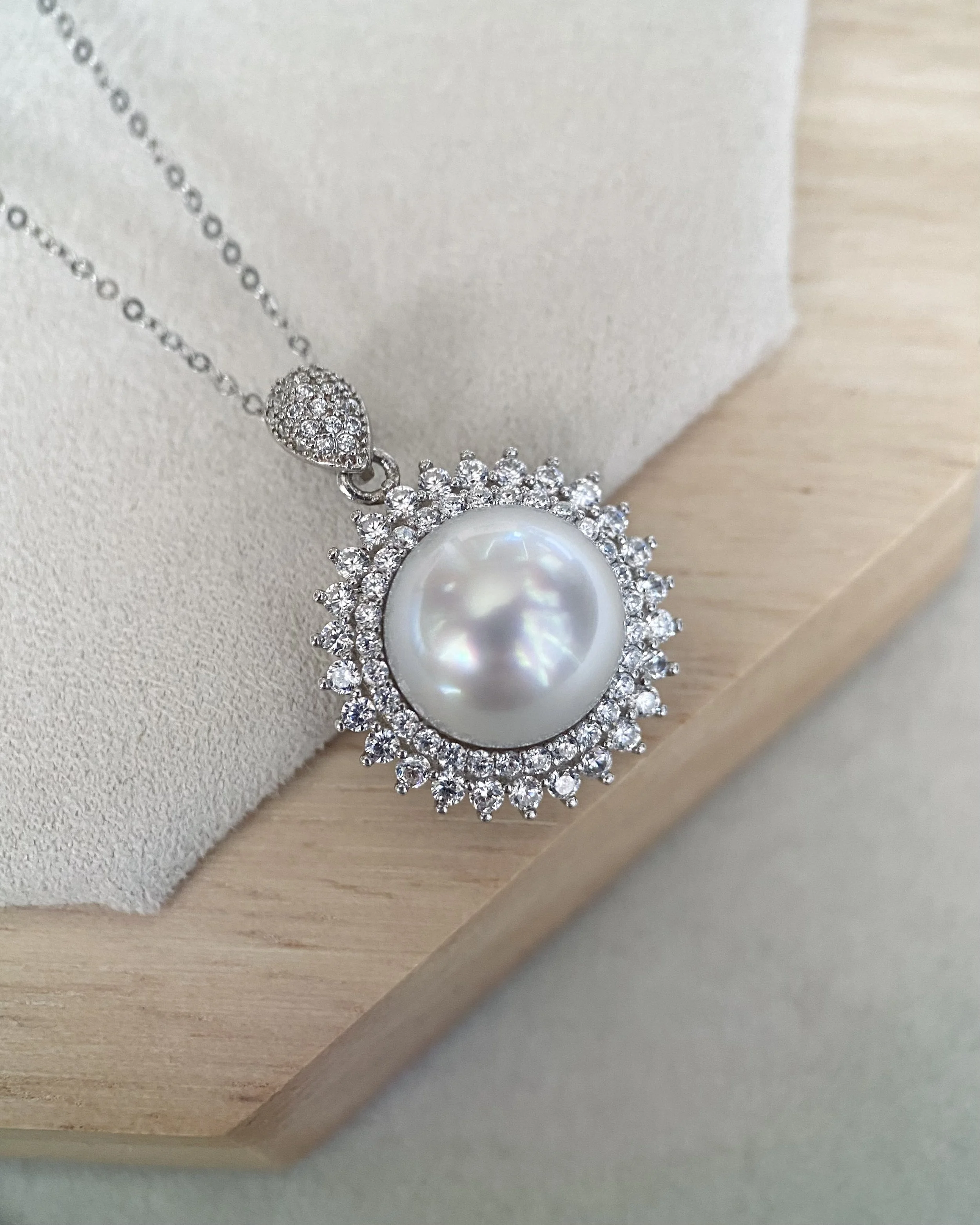 Versailles-Inspired 11.5-12mm Australian South Sea White Pearl Pendant, Italian S925 Silver, Pave Set Sparkling Zirconia, Lustrous Glow