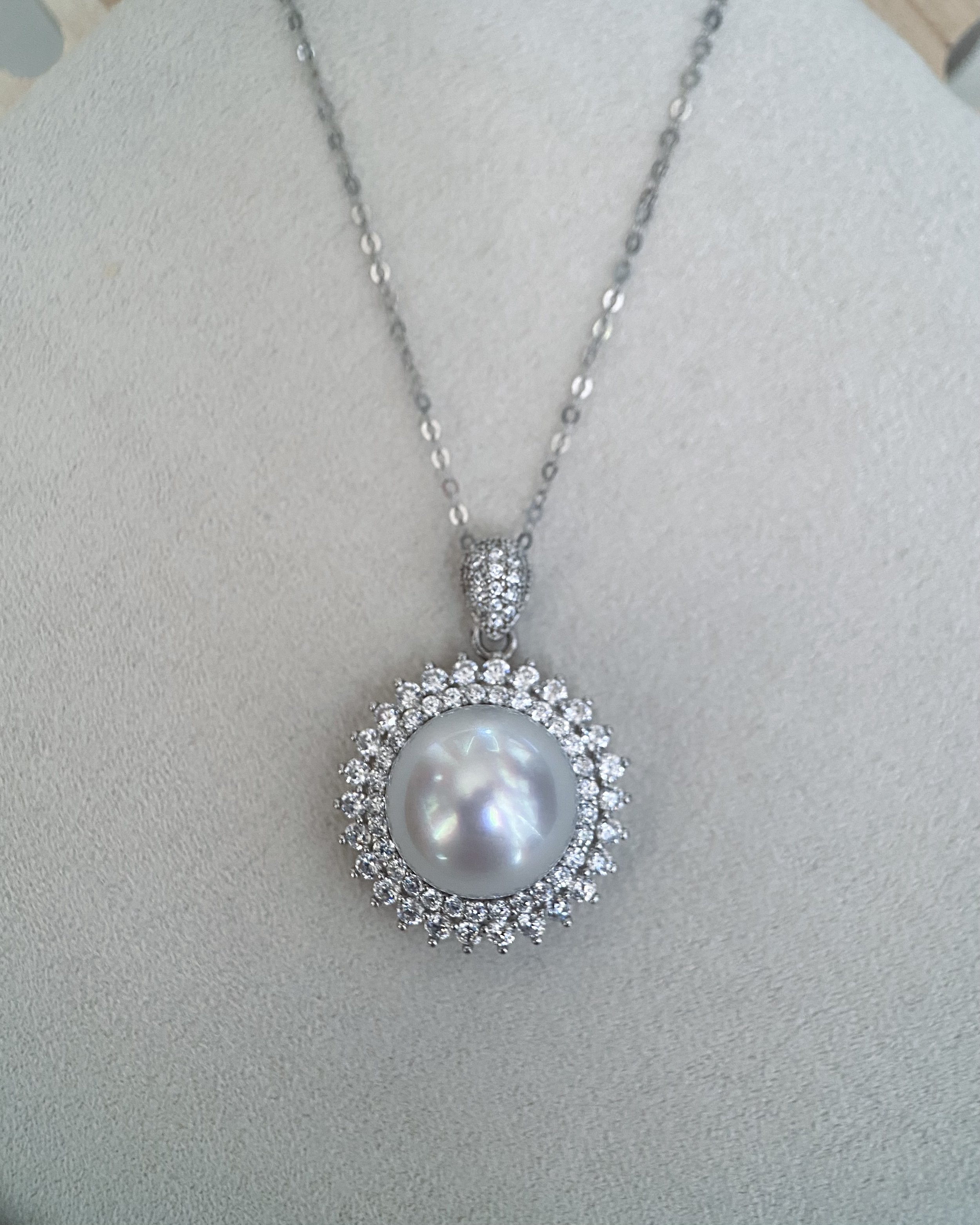 Versailles-Inspired 11.5-12mm Australian South Sea White Pearl Pendant, Italian S925 Silver, Pave Set Sparkling Zirconia, Lustrous Glow