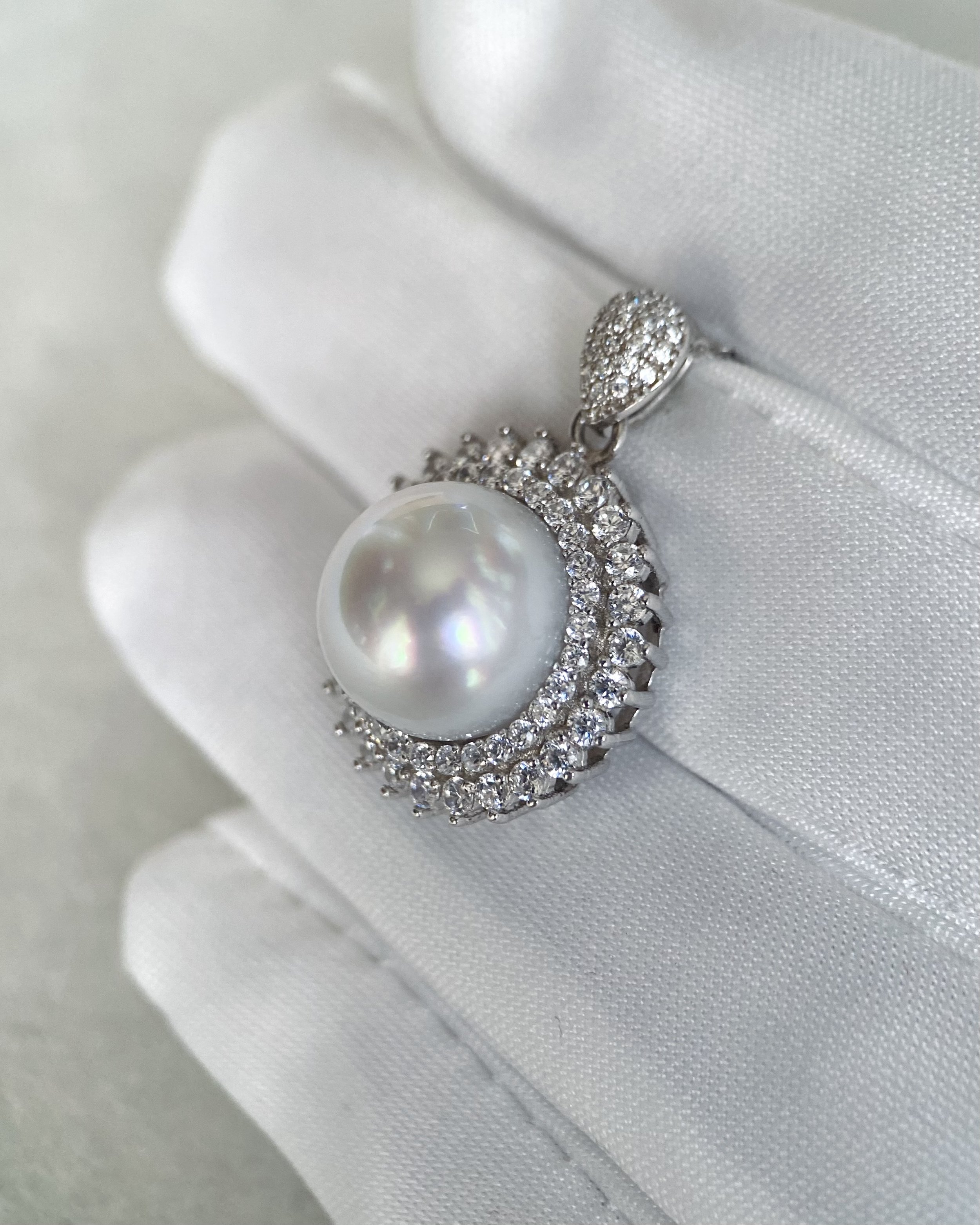Versailles-Inspired 11.5-12mm Australian South Sea White Pearl Pendant, Italian S925 Silver, Pave Set Sparkling Zirconia, Lustrous Glow