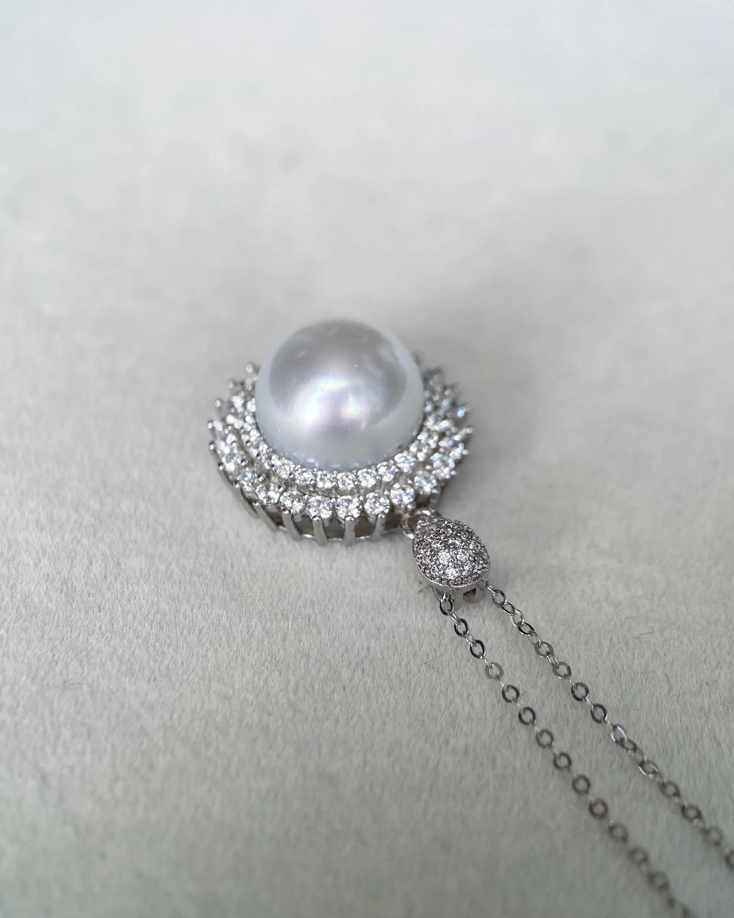 Versailles-Inspired 11.5-12mm Australian South Sea White Pearl Pendant, Italian S925 Silver, Pave Set Sparkling Zirconia, Lustrous Glow