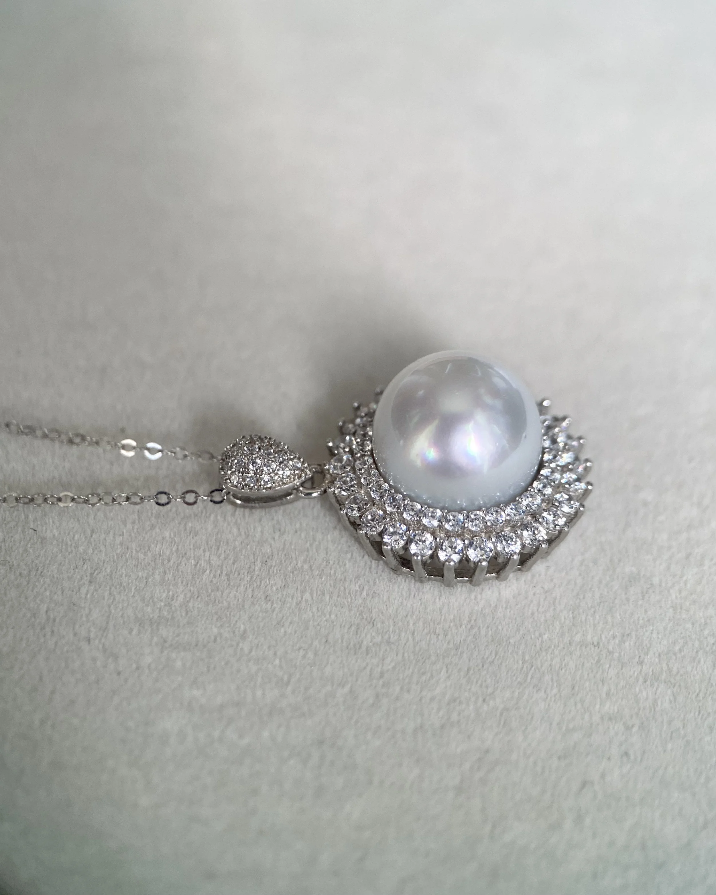 Versailles-Inspired 11.5-12mm Australian South Sea White Pearl Pendant, Italian S925 Silver, Pave Set Sparkling Zirconia, Lustrous Glow