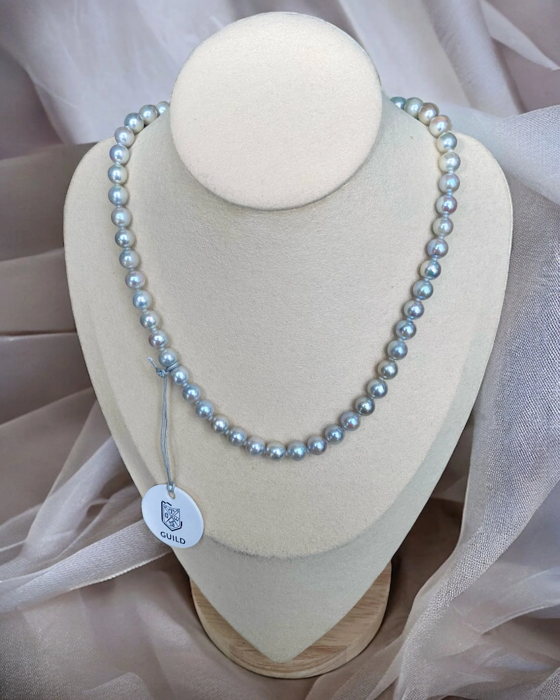 7-8mm Silver Grey Madama Akoya Pearl Necklace, Guild Gem Lab-Certified, Japanese Sea-Cultured with Rainbow Overtones, Original Snap Clasp
