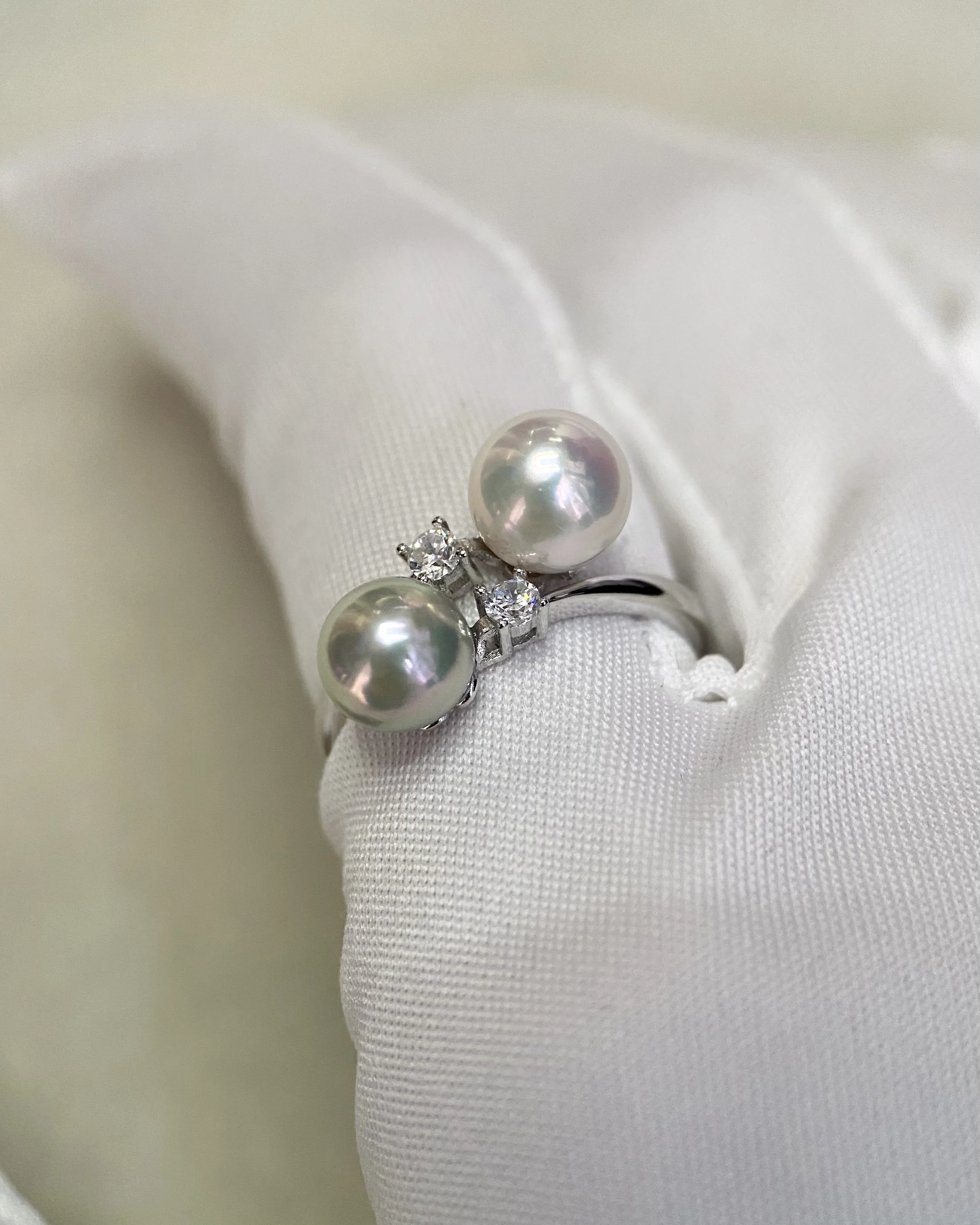Specially Selected 7mm Japanese Akoya Dual-Pearl Ring, White/Silver Grey with Soft Pink Overtones, S925 Adjustable Band with Sparkle White Cubic Zirconia