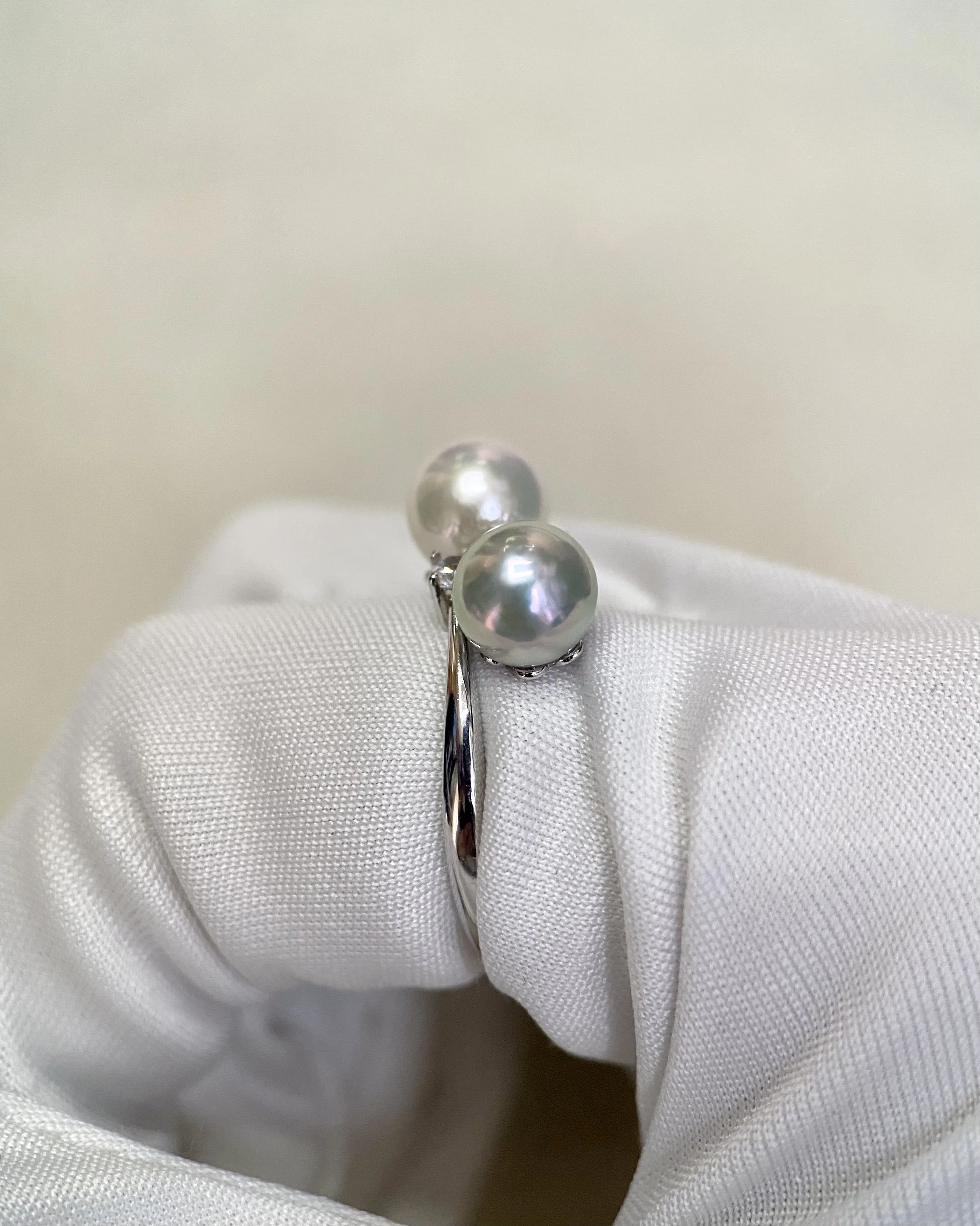 Specially Selected 7mm Japanese Akoya Dual-Pearl Ring, White/Silver Grey with Soft Pink Overtones, S925 Adjustable Band with Sparkle White Cubic Zirconia