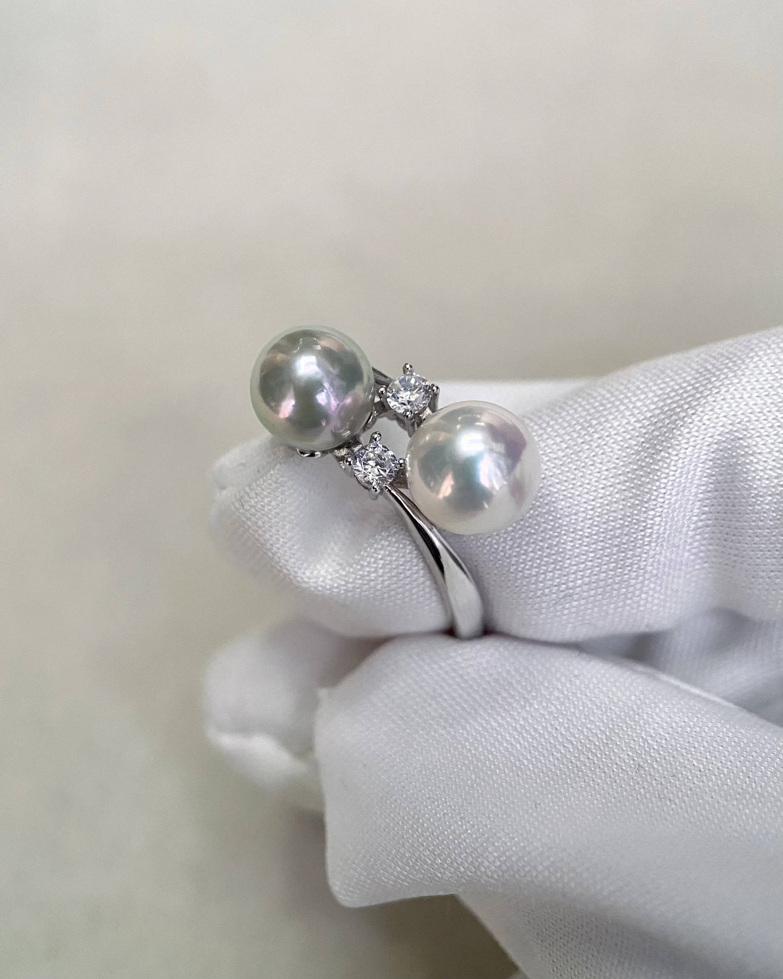 Specially Selected 7mm Japanese Akoya Dual-Pearl Ring, White/Silver Grey with Soft Pink Overtones, S925 Adjustable Band with Sparkle White Cubic Zirconia